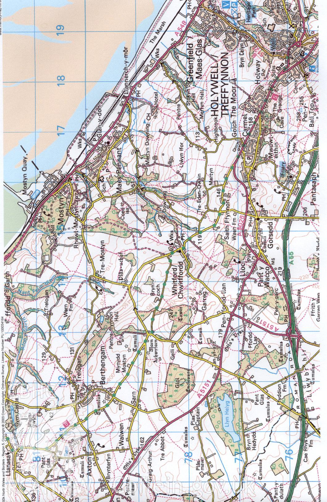 Electronic copy of a scanned map relating to an archaeological watching brief carried out at land to the side of St Mary's Church, Whitford. Produced by Cambrian Archaeological Projects Ltd: CAP Report No. 421, Project No. 712 & 713.