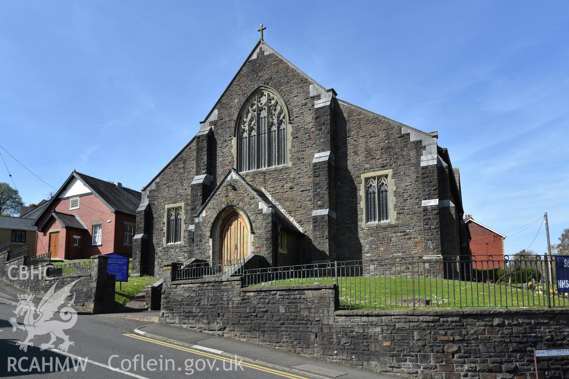 Exterior view of St Gabriel's Church in Cwmbran, photographed by Susan Fielding of RCAHMW on 23 April 2021.