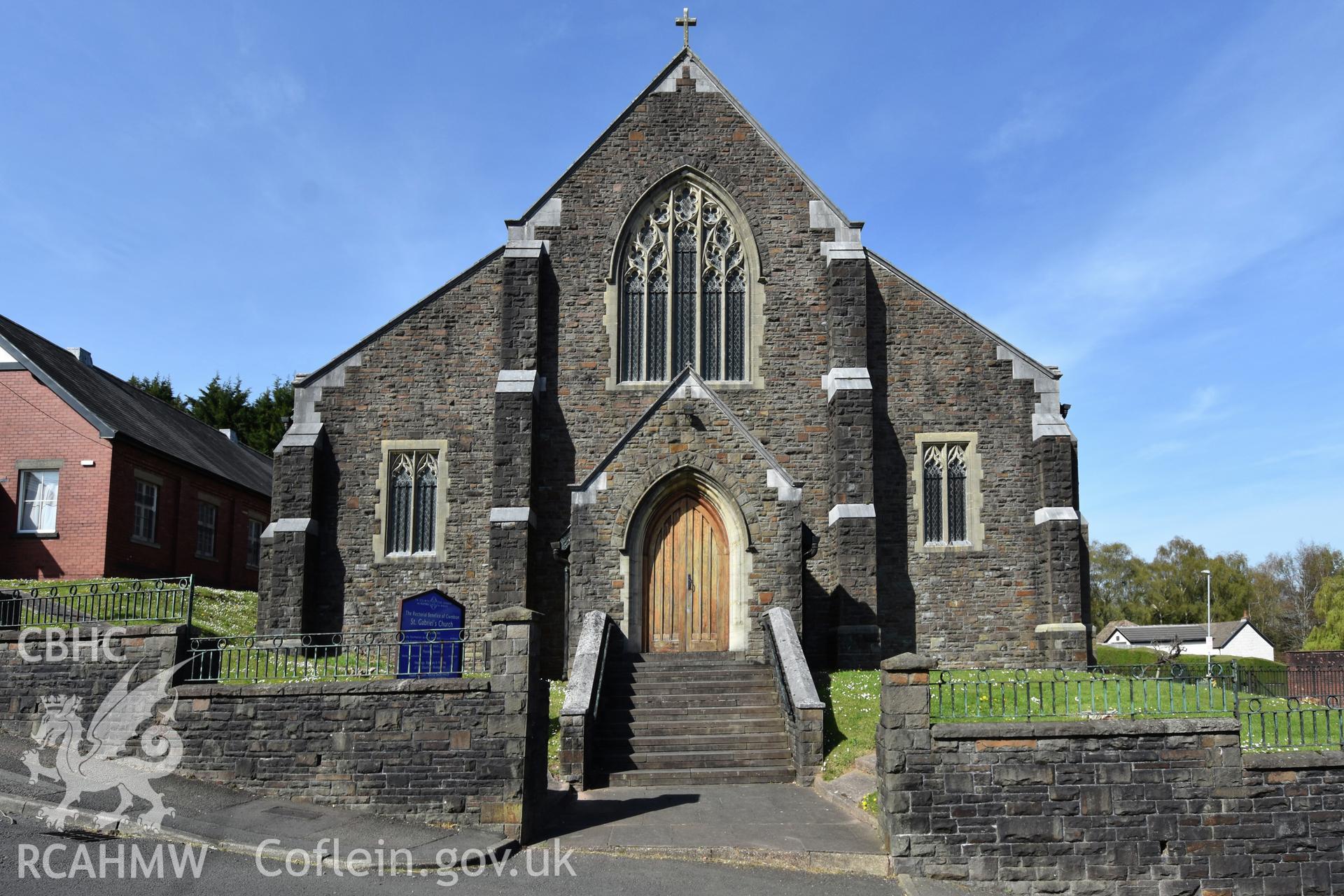 Exterior view showing front elevation of St Gabriel's Church in Cwmbran, photographed by Susan Fielding of RCAHMW on 23 April 2021.