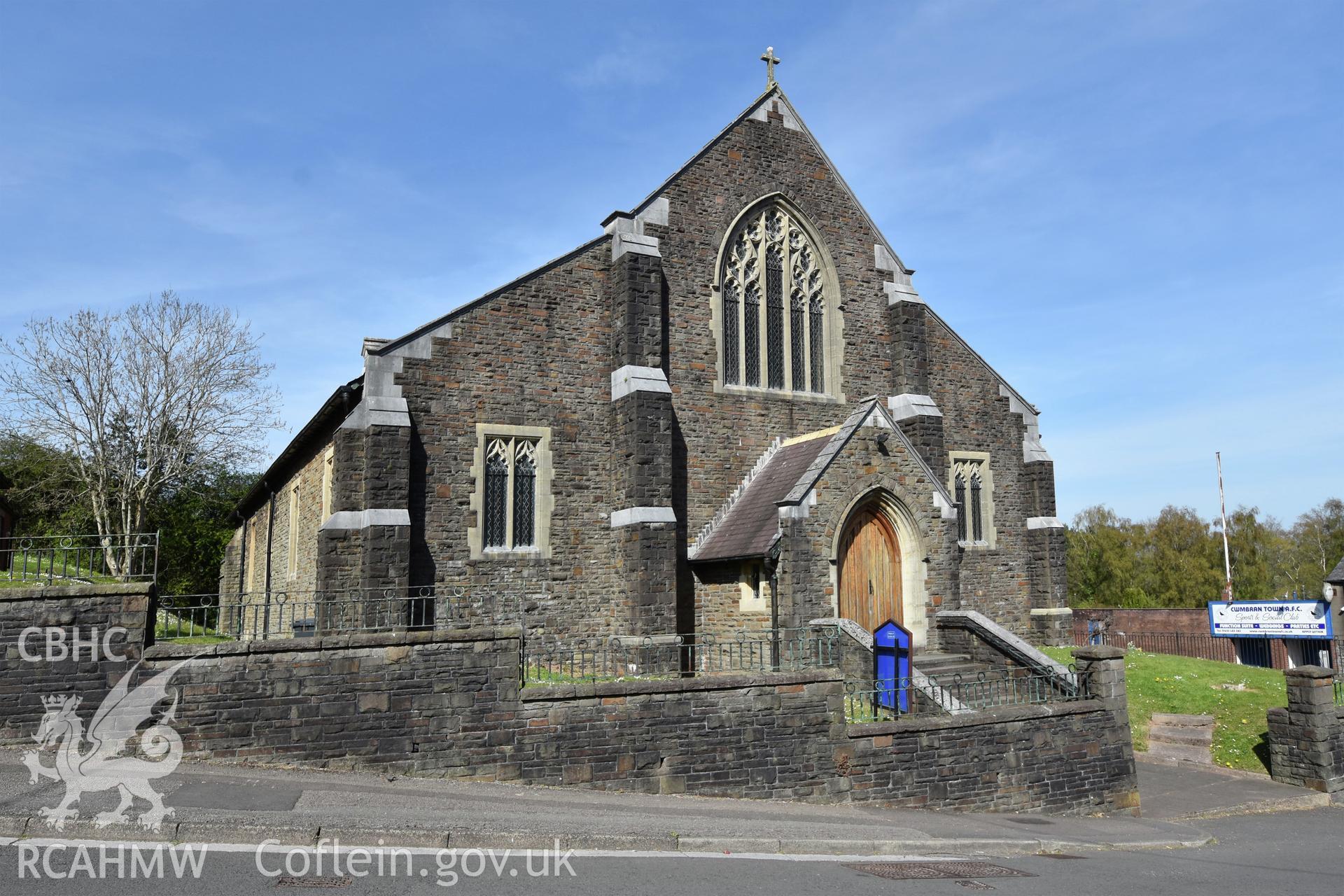 Exterior view showing front elevation of St Gabriel's Church in Cwmbran, photographed by Susan Fielding of RCAHMW on 23 April 2021.