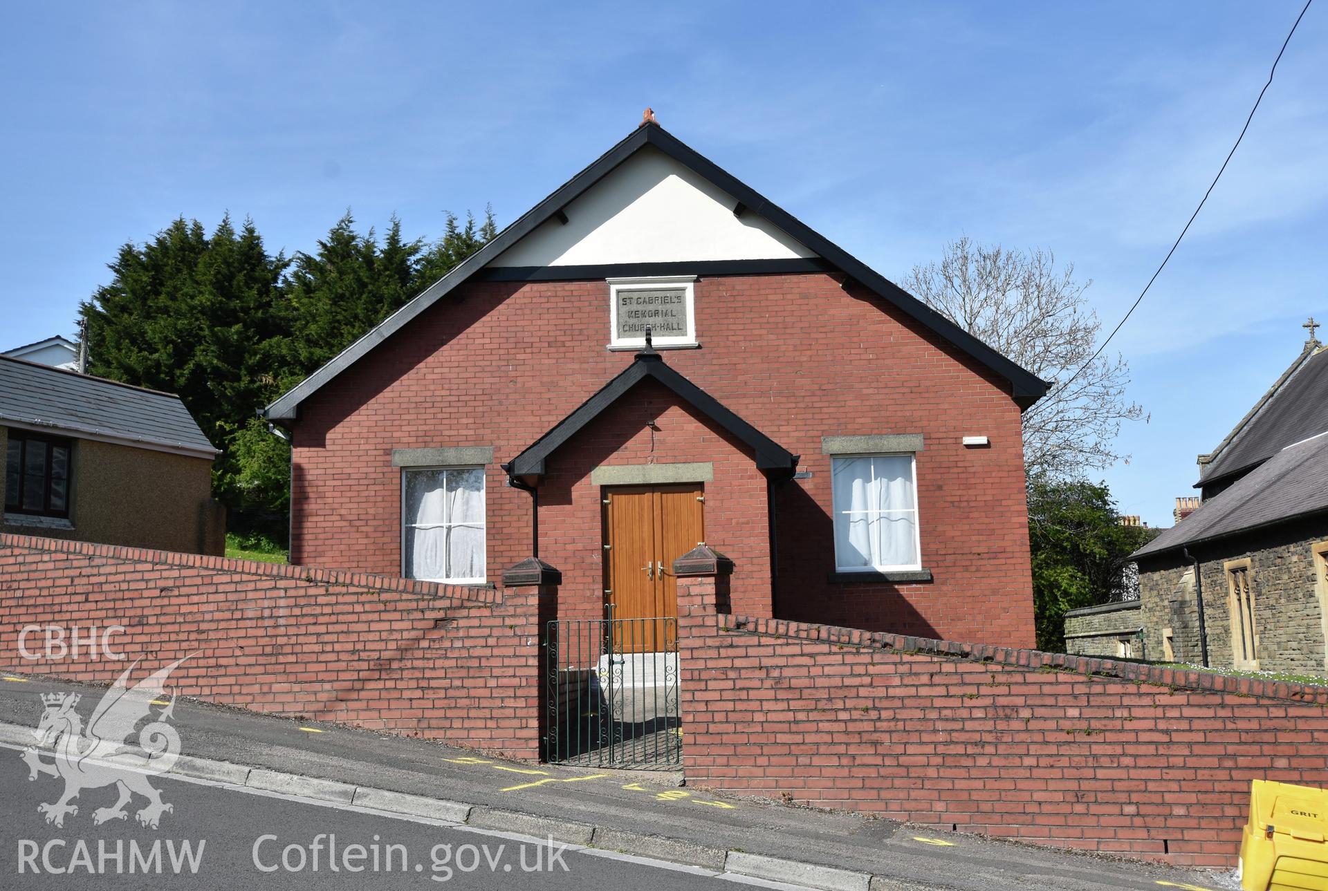 Exterior view showing front elevation of St Gabriel's Church Memorial Hall in Cwmbran, photographed by Susan Fielding of RCAHMW on 23 April 2021.