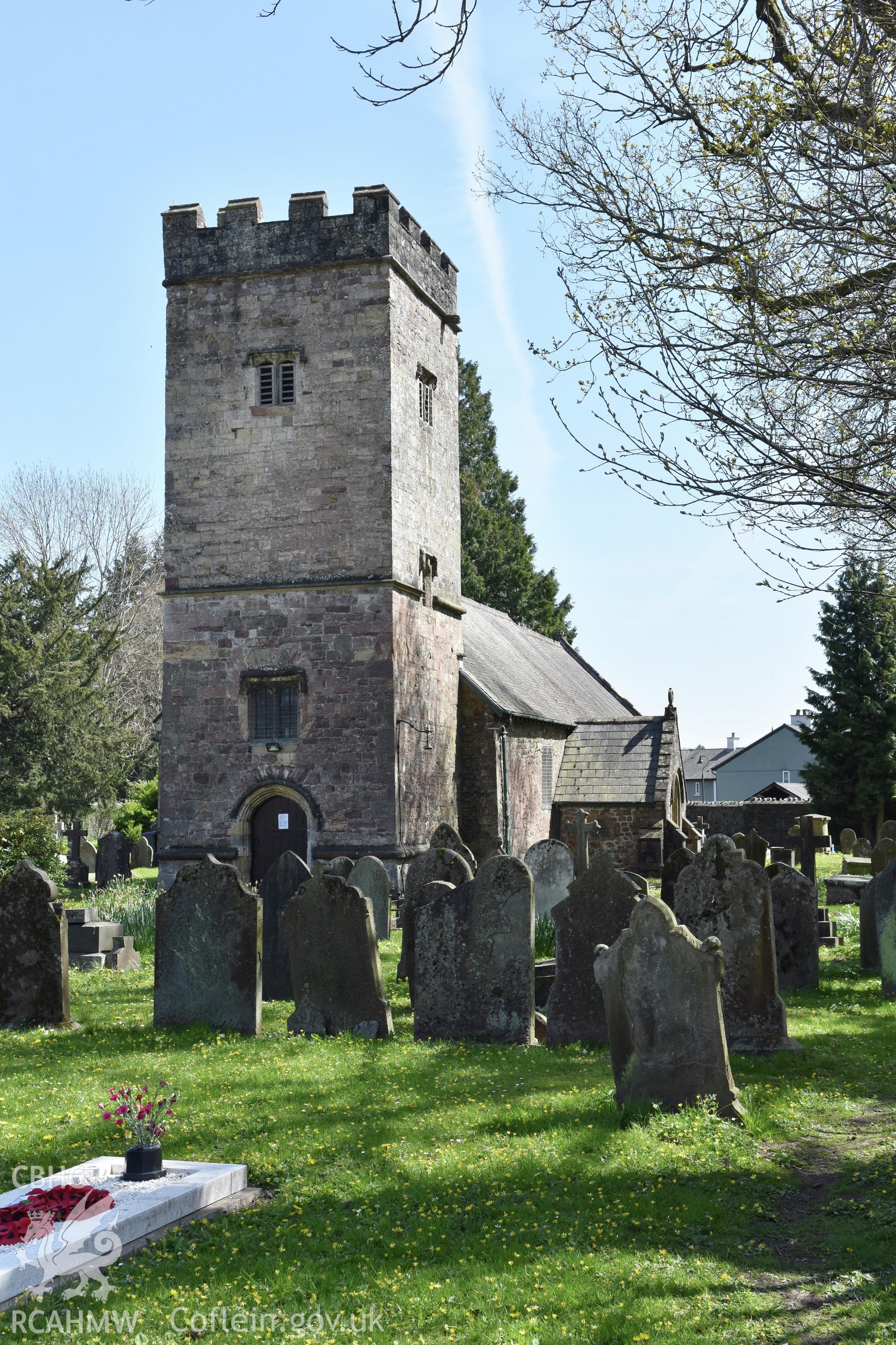 Exterior view of St Michael's Church and graveyard, in Llantarnam, Cwmbran, undertaken by Susan Fielding of RCAHMW on 23 April 2021.