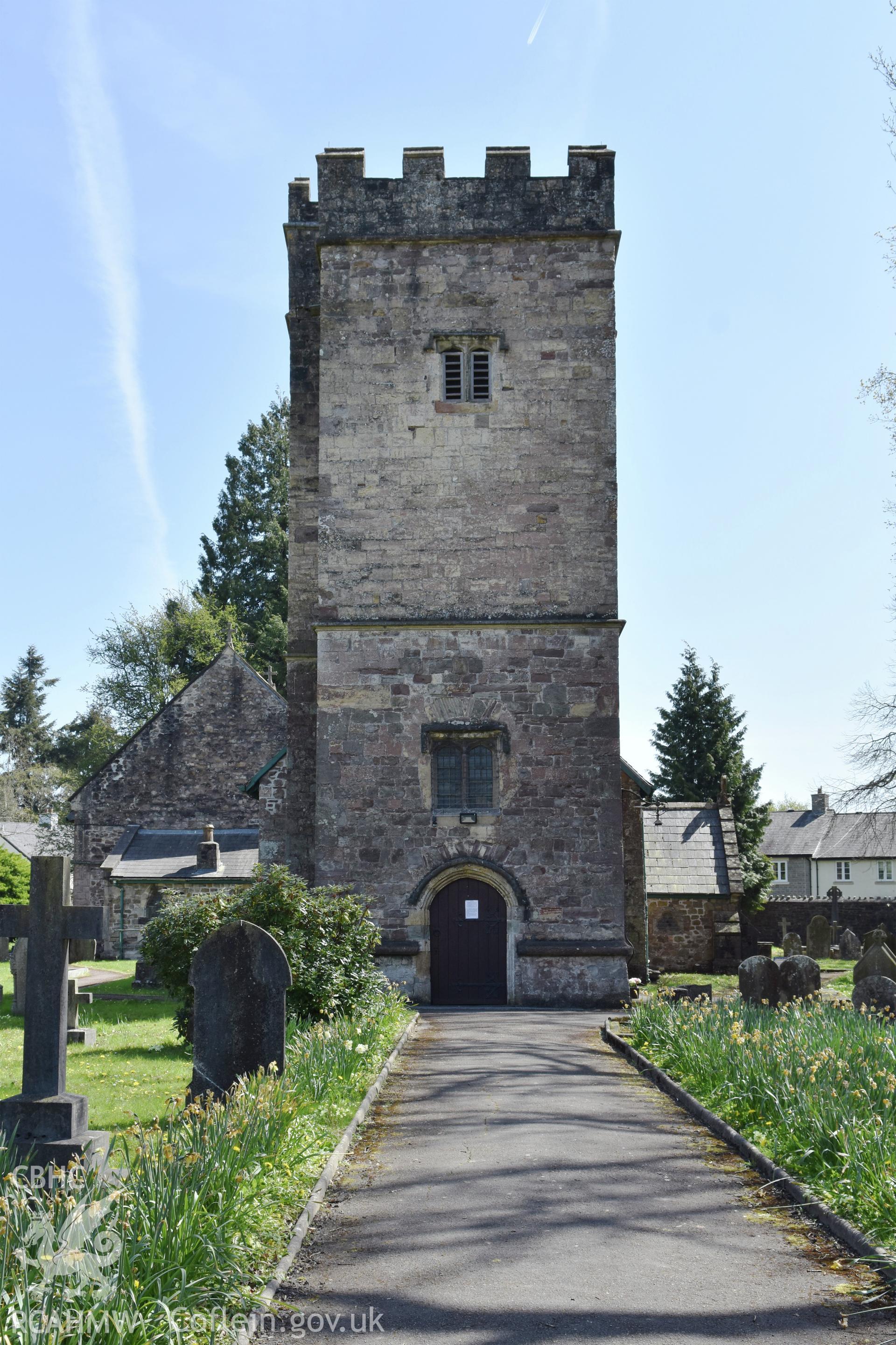 Exterior view of St Michael's Church and and the pathway to the entrance, in Llantarnam, Cwmbran, undertaken by Susan Fielding of RCAHMW on 23 April 2021.