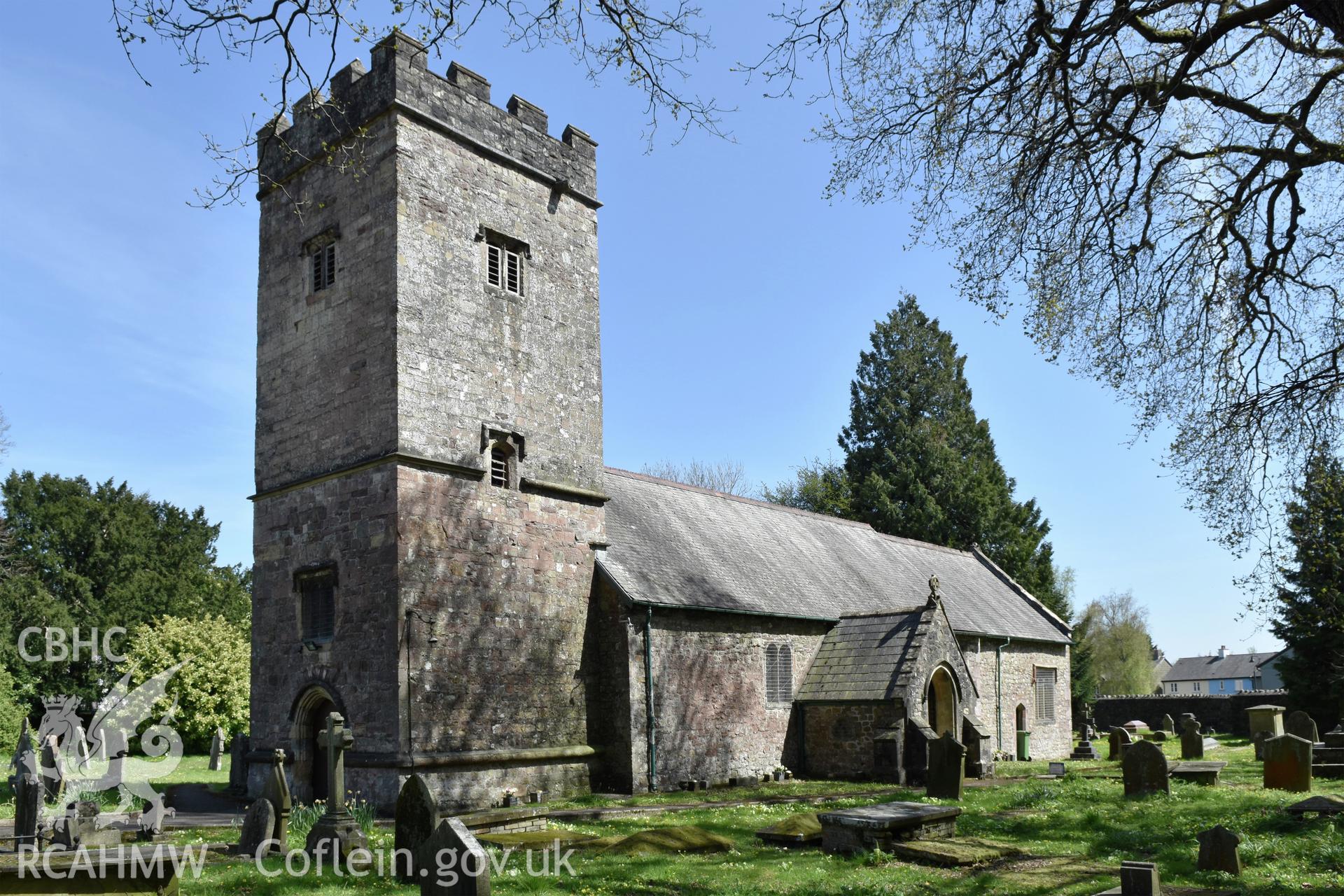 Exterior view of St Michael's Church and graveyard, in Llantarnam, Cwmbran, undertaken by Susan Fielding of RCAHMW on 23 April 2021.