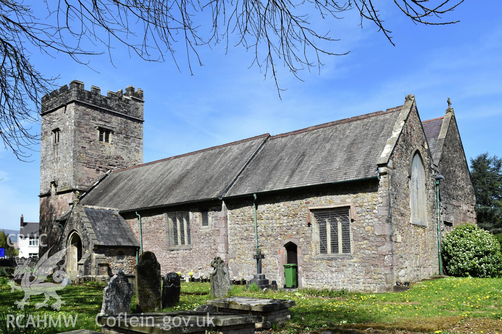 Exterior view of St Michael's Church and graveyard, in Llantarnam, Cwmbran, undertaken by Susan Fielding of RCAHMW on 23 April 2021.