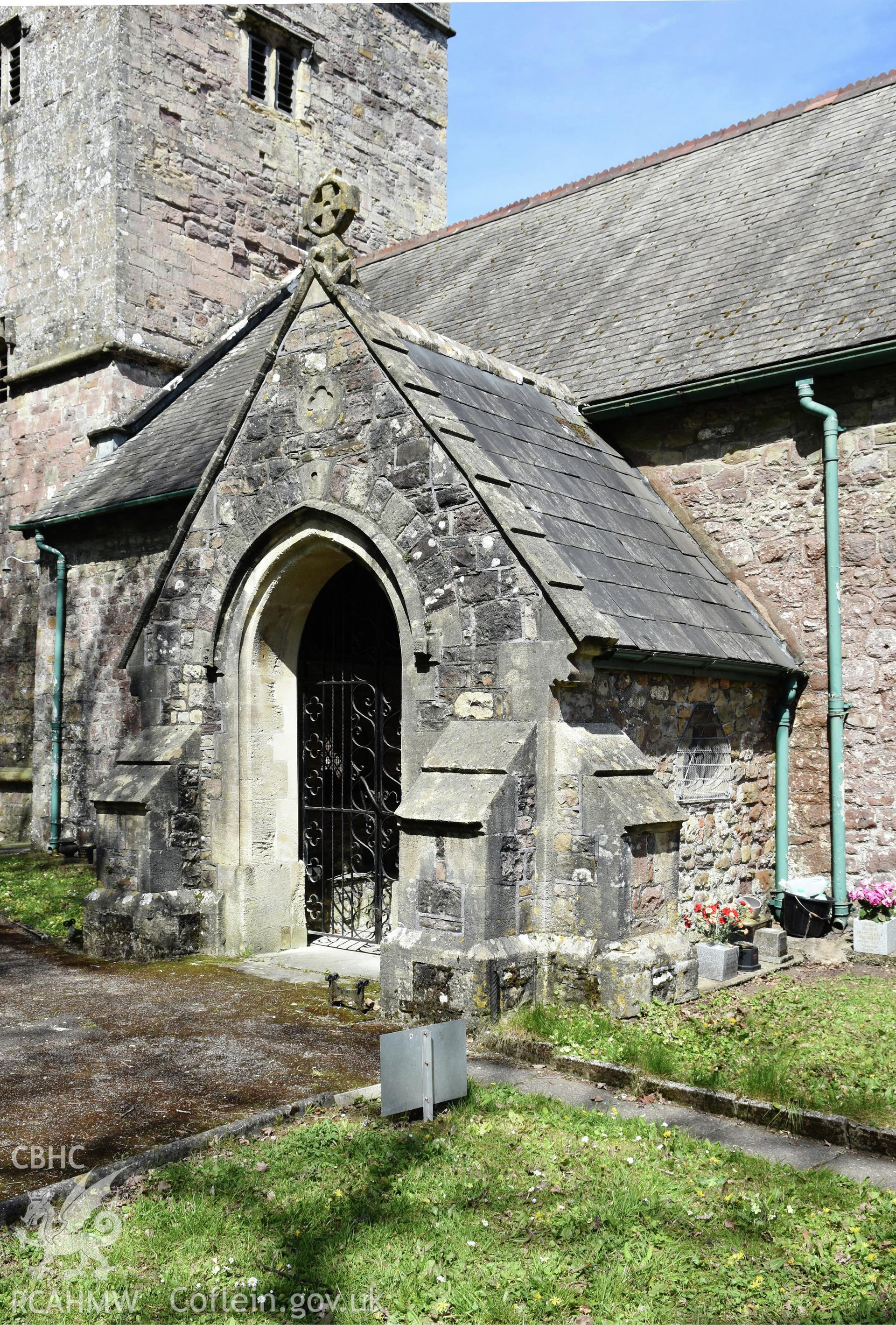 Exterior view of the entrance to St Michael's Church, in Llantarnam, Cwmbran, undertaken by Susan Fielding of RCAHMW on 23 April 2021.