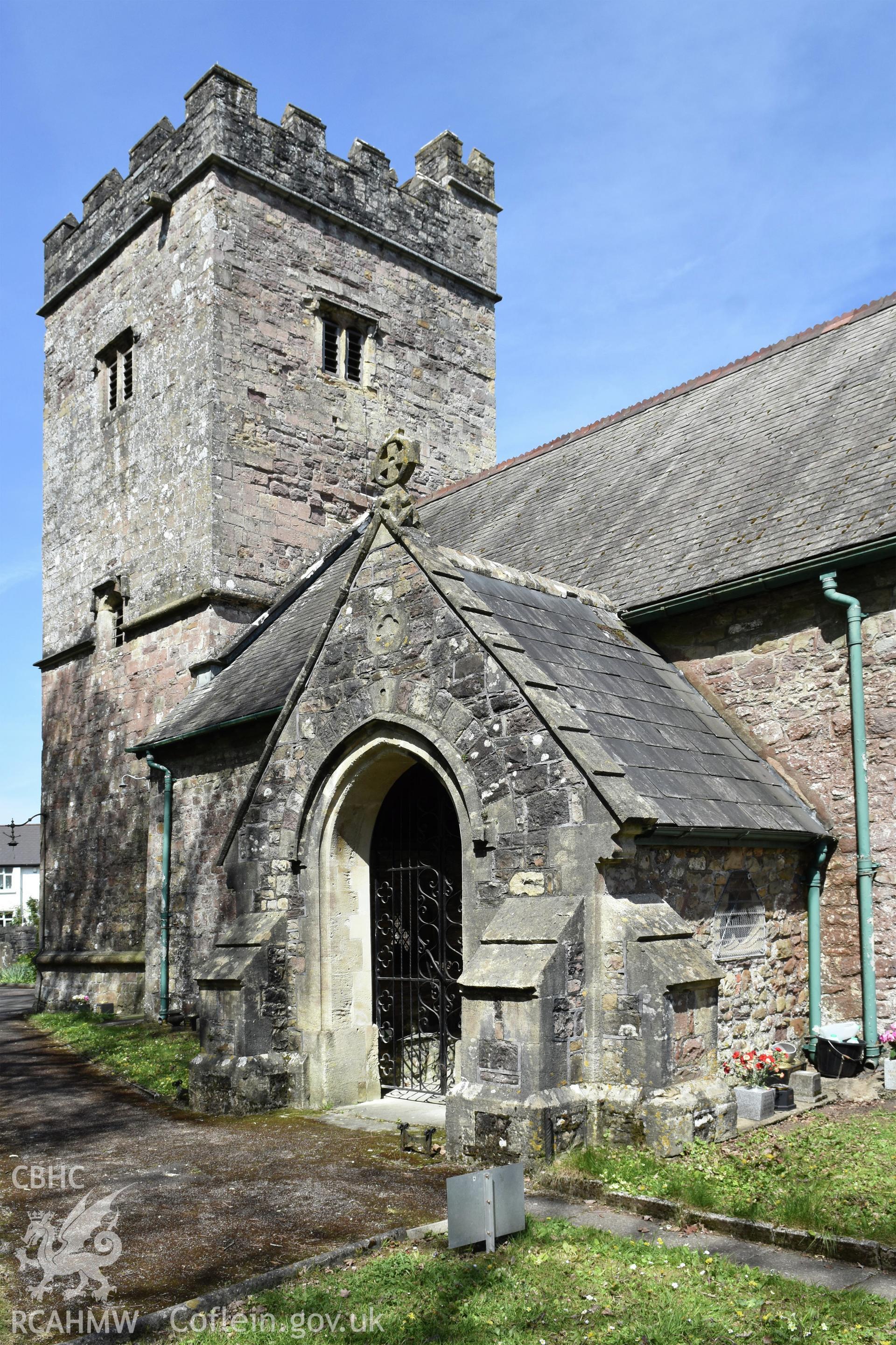 Exterior view of the entrance to St Michael's Church, in Llantarnam, Cwmbran, undertaken by Susan Fielding of RCAHMW on 23 April 2021.