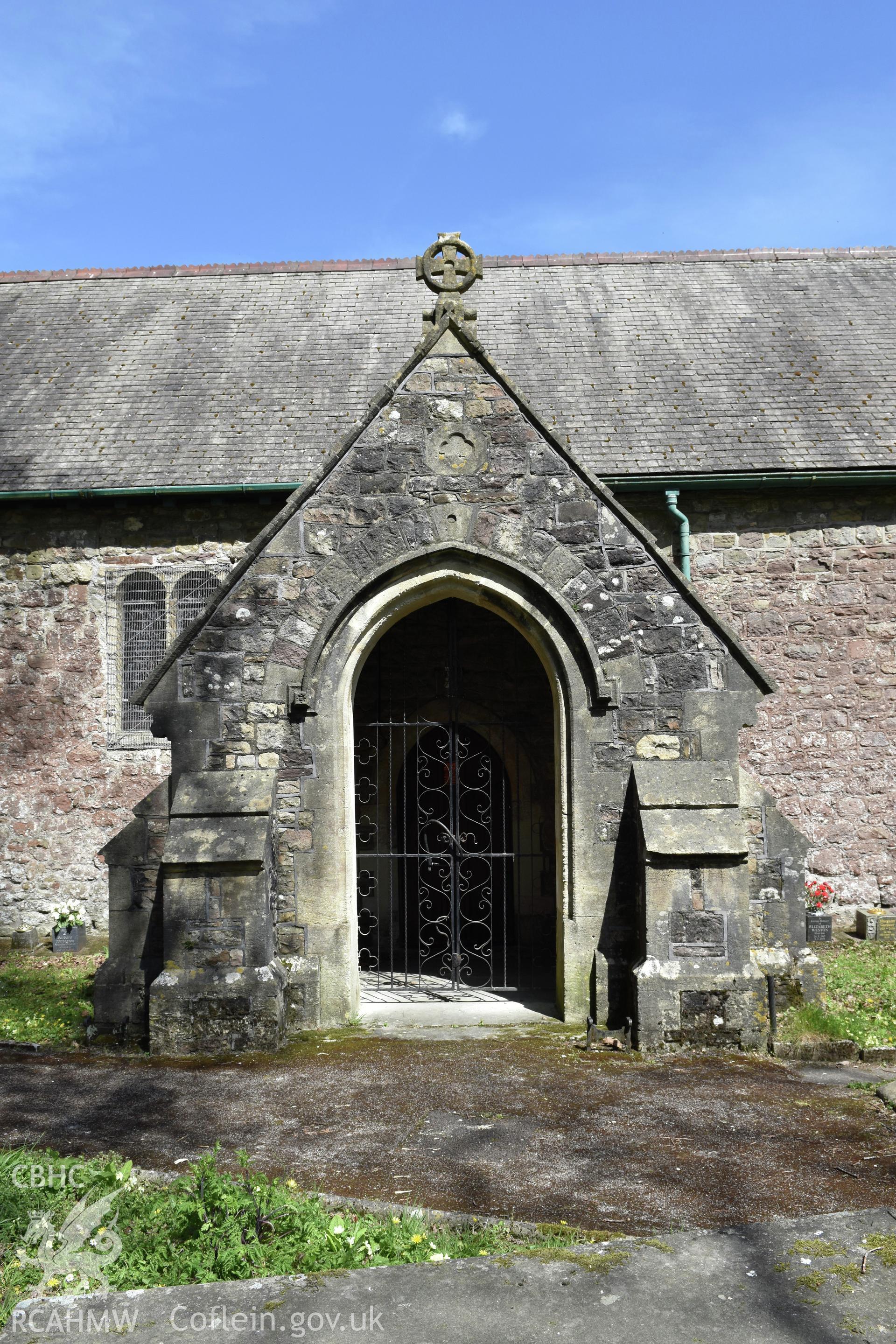 Exterior view of the entrance to St Michael's Church, in Llantarnam, Cwmbran, undertaken by Susan Fielding of RCAHMW on 23 April 2021.