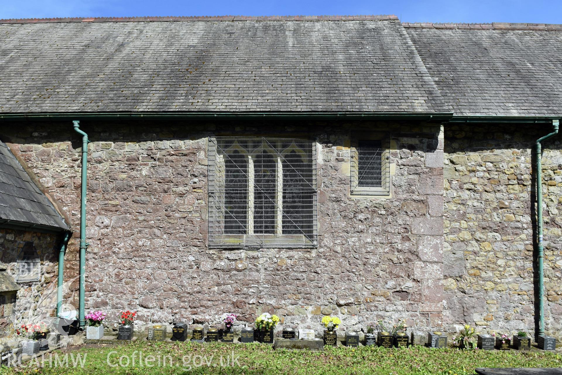 Exterior side elevation of St Michael's Church, in Llantarnam, Cwmbran, undertaken by Susan Fielding of RCAHMW on 23 April 2021.