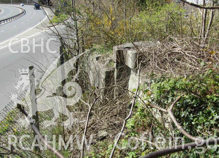 'Lock yr odyn no. 29, gate hinge recess, tail end west chamber wall, distance.' Colour digital photograph of Lock 29 (Glandwor villa lock) of the Glamorganshire Canal in Trallwn, Pontypridd. Taken by Mr Kelvin Merriott.