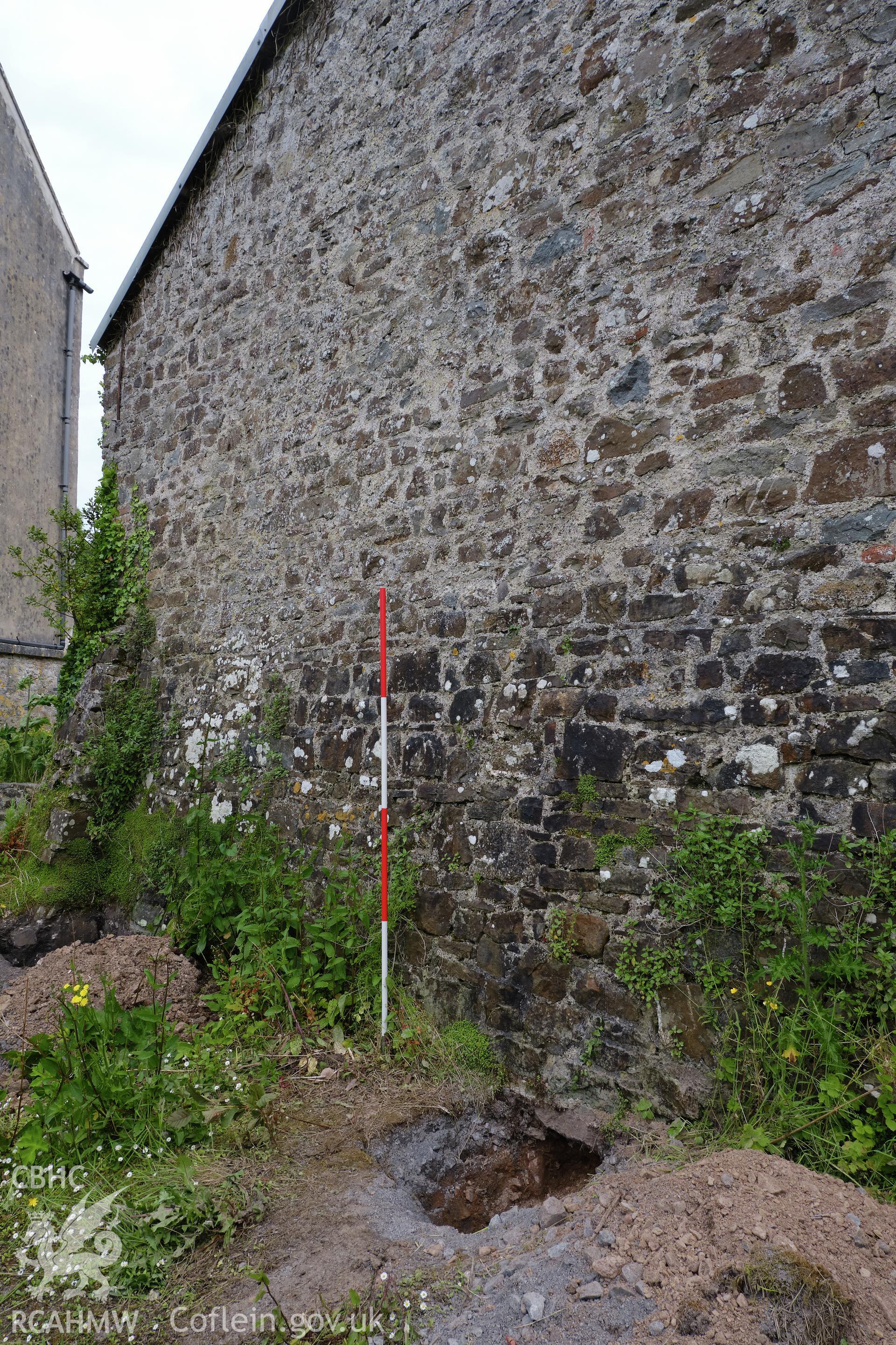 Colour photograph showing Blackpool Mill - store, S gable end, looking SE. Produced as part of Historic Building Recording for Blackpool Mill, carried out by Richard Hayman, June 2021.