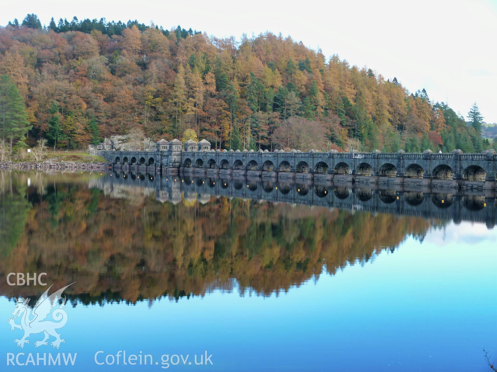 Colour digital photograph showing Lake Vyrnwy dam and filter house, taken in November 2021.