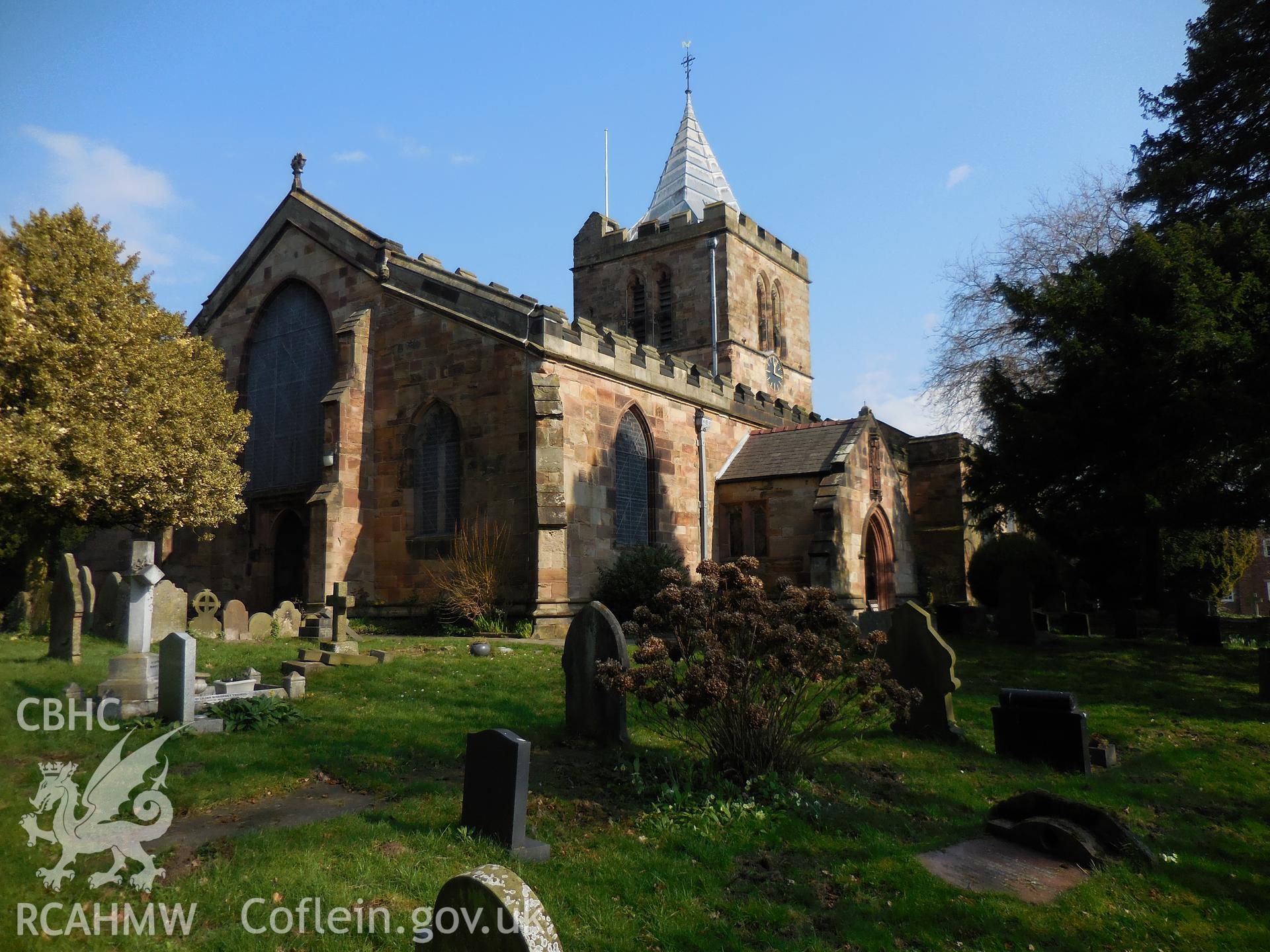 Colour digital photograph showing St Deiniol's church exterior, Hawarden, taken in March 2022.