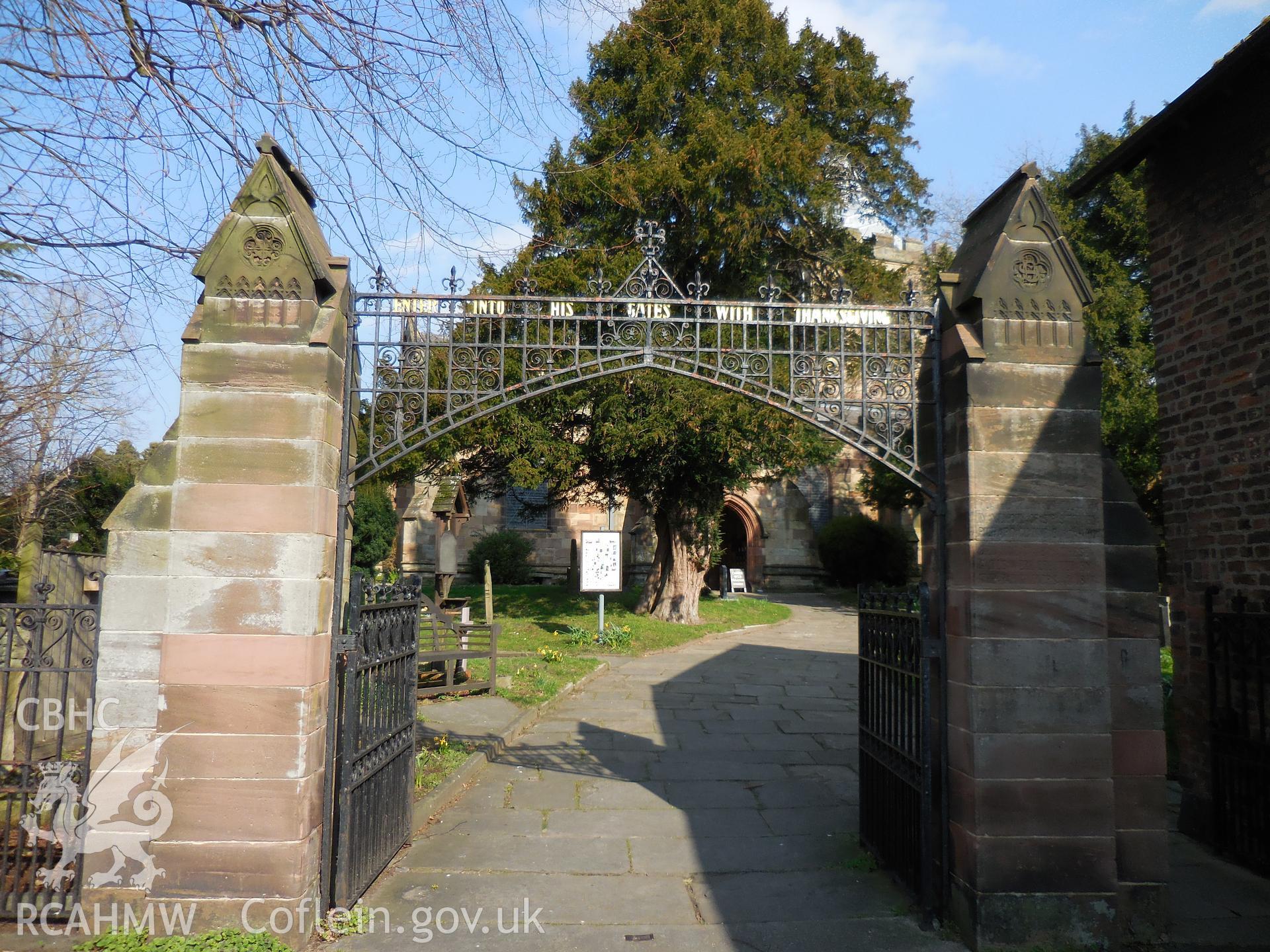 Colour digital photograph showing gates at St Deiniol's church, Hawarden, taken in March 2022.