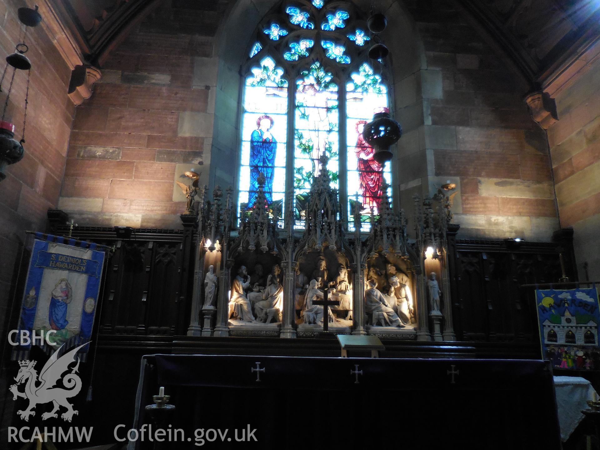 Colour digital photograph showing altar at St Deiniol's church, Hawarden, taken in March 2022.