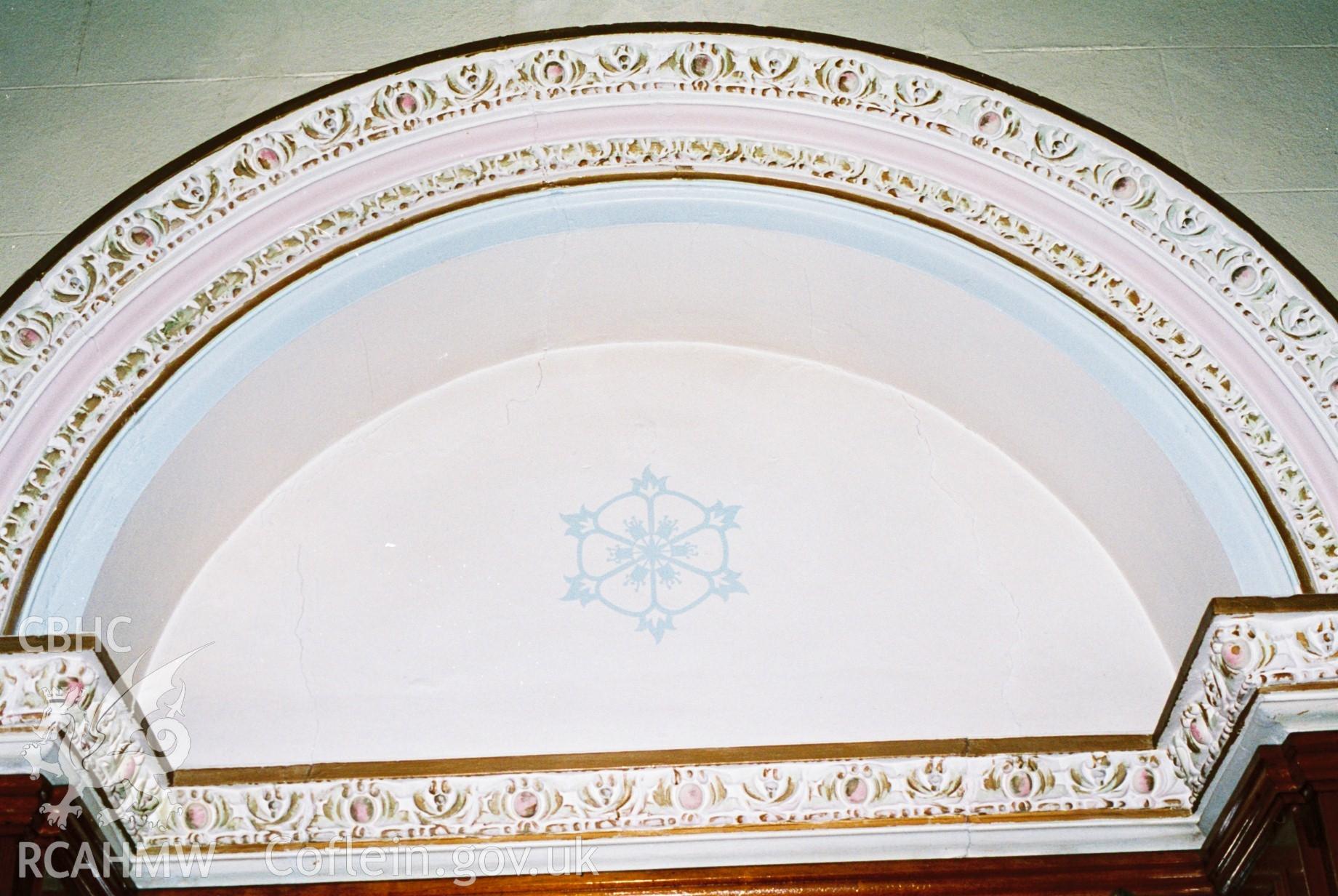 Digital colour photograph showing Salem Newydd chapel - decoration in pulpit recess.