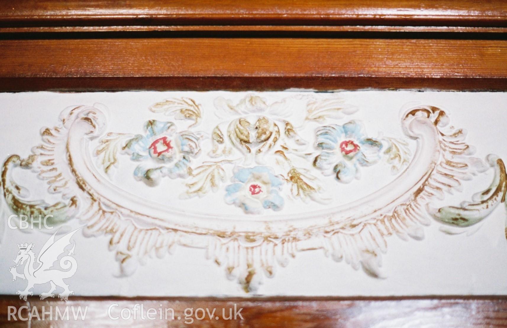 Digital colour photograph showing Salem Newydd chapel - decoration in pulpit recess.