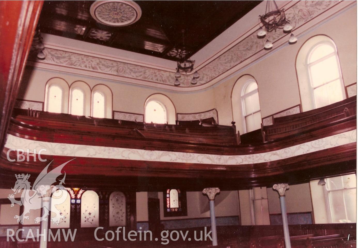 Digital colour photograph showing Salem Newydd chapel - gallery and rear ground floor.