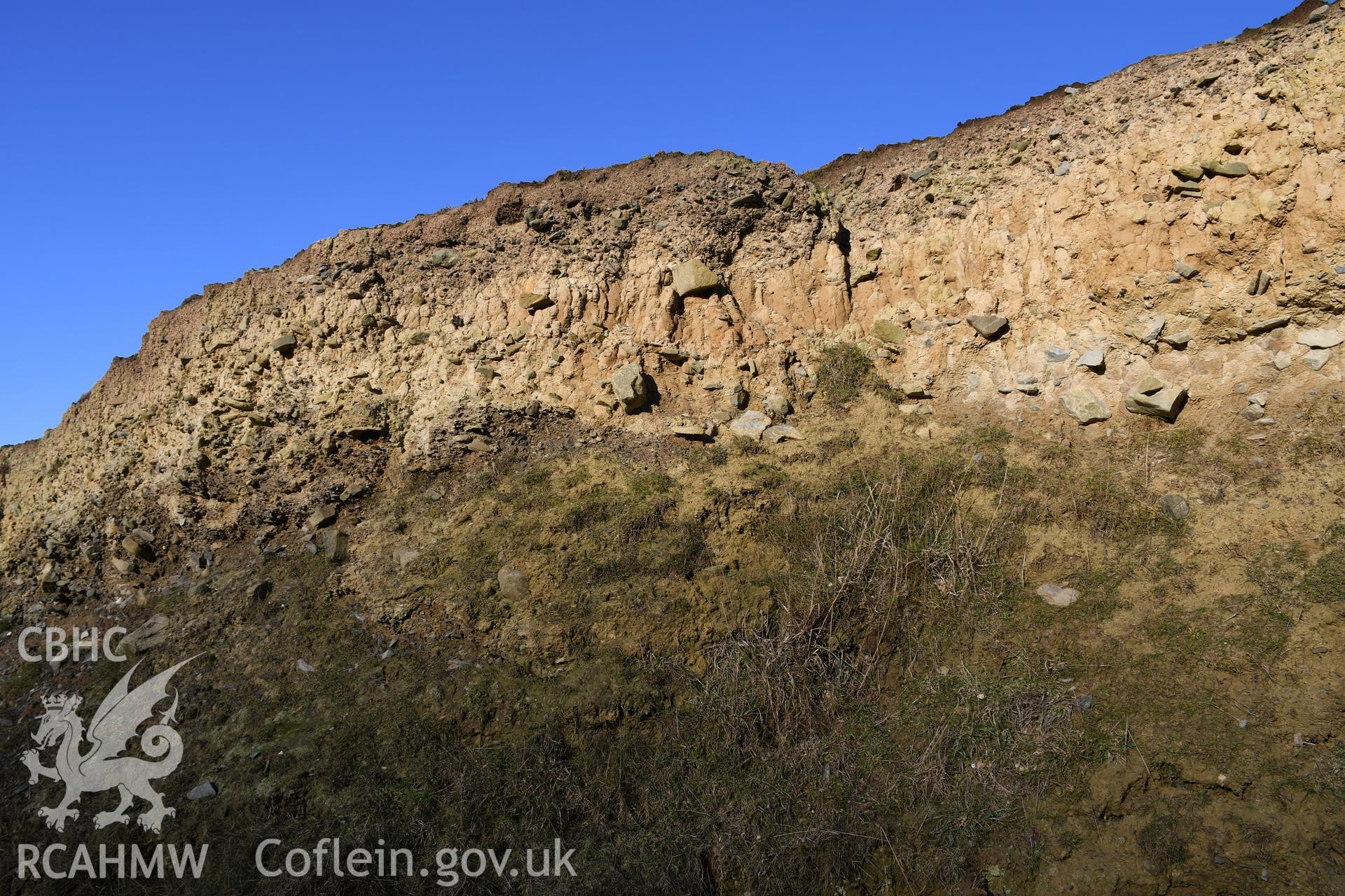 Eroding edge. from photographic survey of Castell Bach promontory fort (NPRN 93914) using 1m scales and human figures. Undertaken by Hannah Genders Boyd for CHERISH project condition monitoring 13/01/2022.
Produced with EU funds through the Ireland Wales Co-operation Programme 2014-2020. All material made freely available through the Open Government Licence.