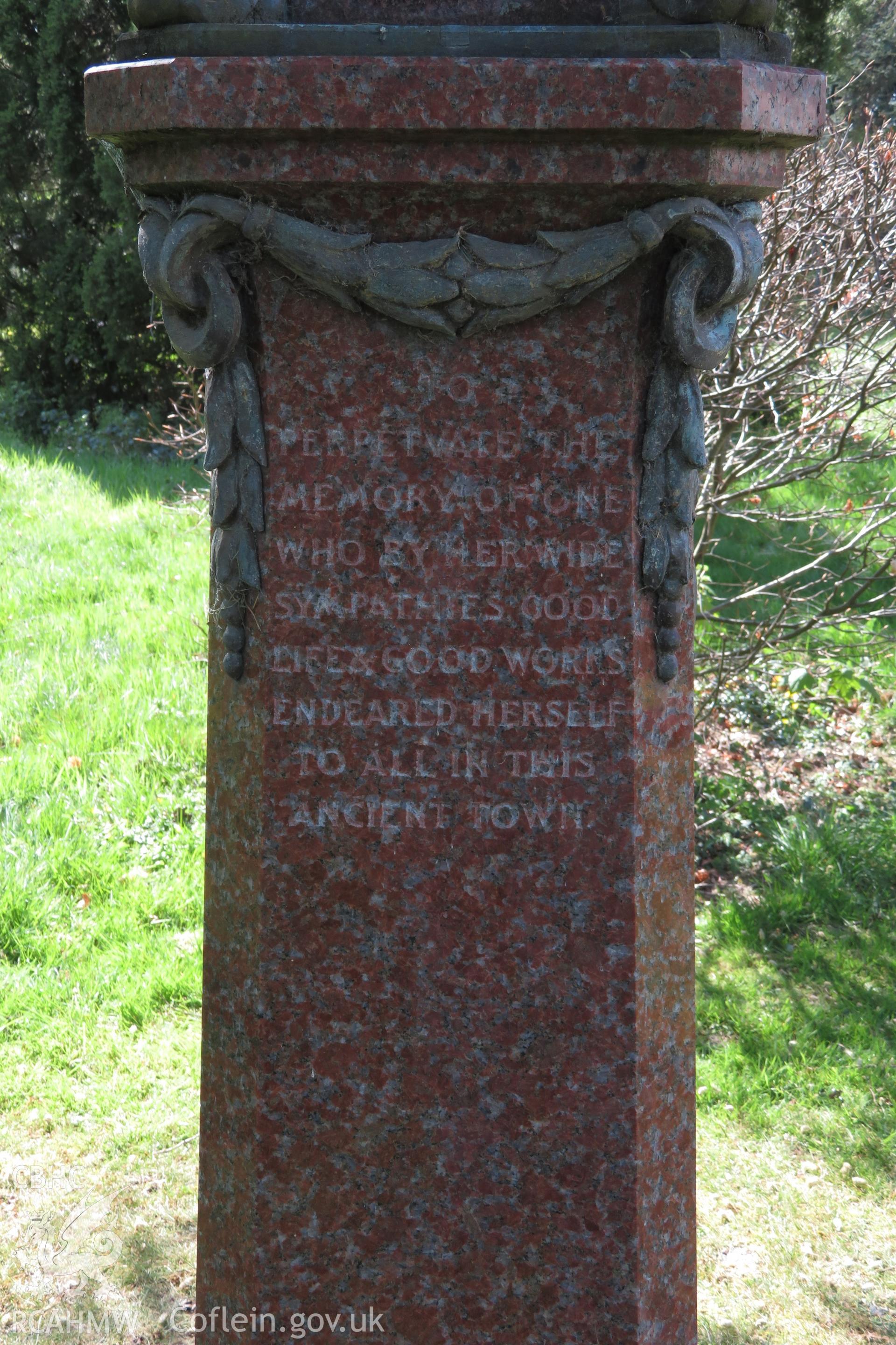 View of the inscription on the east face of the pedestal supporting the Bust of Mary Cornelia Vane-Tempest., April 2022.