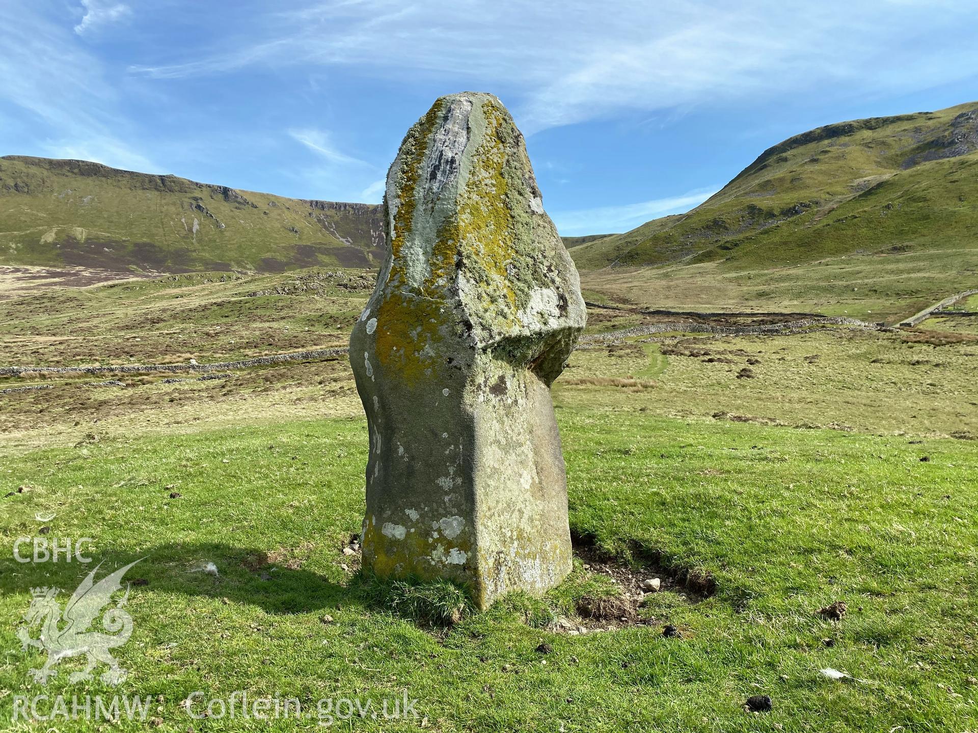 Digital colour photograph showing Planwydd Helyg standing stone, Ffordd Ddu, produced by Paul R Davis in 2021.