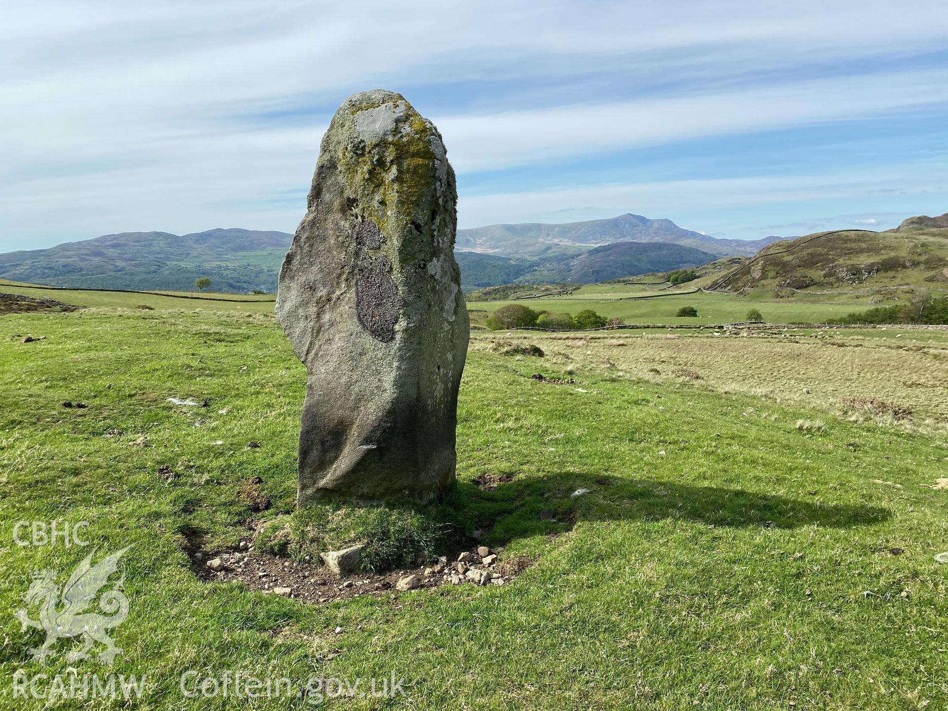 Digital colour photograph showing Planwydd Helyg standing stone, Ffordd Ddu, produced by Paul R Davis in 2021.