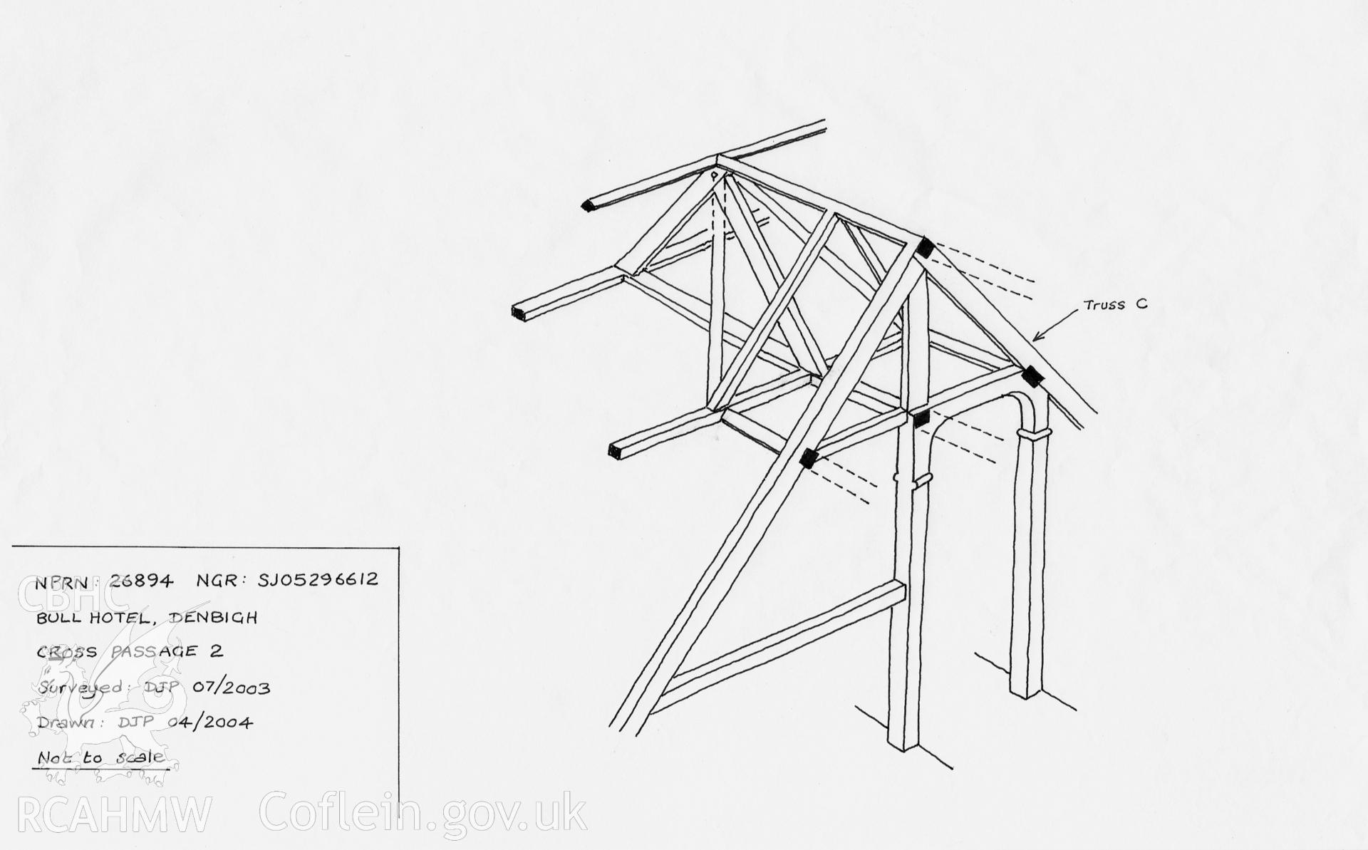 Digital drawing depicting 'cross passage 2' at Bull Hotel, Denbigh. Produced by David Percival in 2004, as part of his work at the RCAHMW.