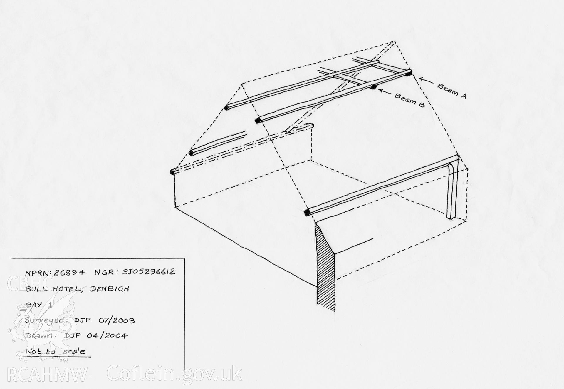One digital drawing depicting 'Bay 1' at the Bull Hotel, Denbigh. Produced by David Percival in 2004, as part of his work at the RCAHMW.