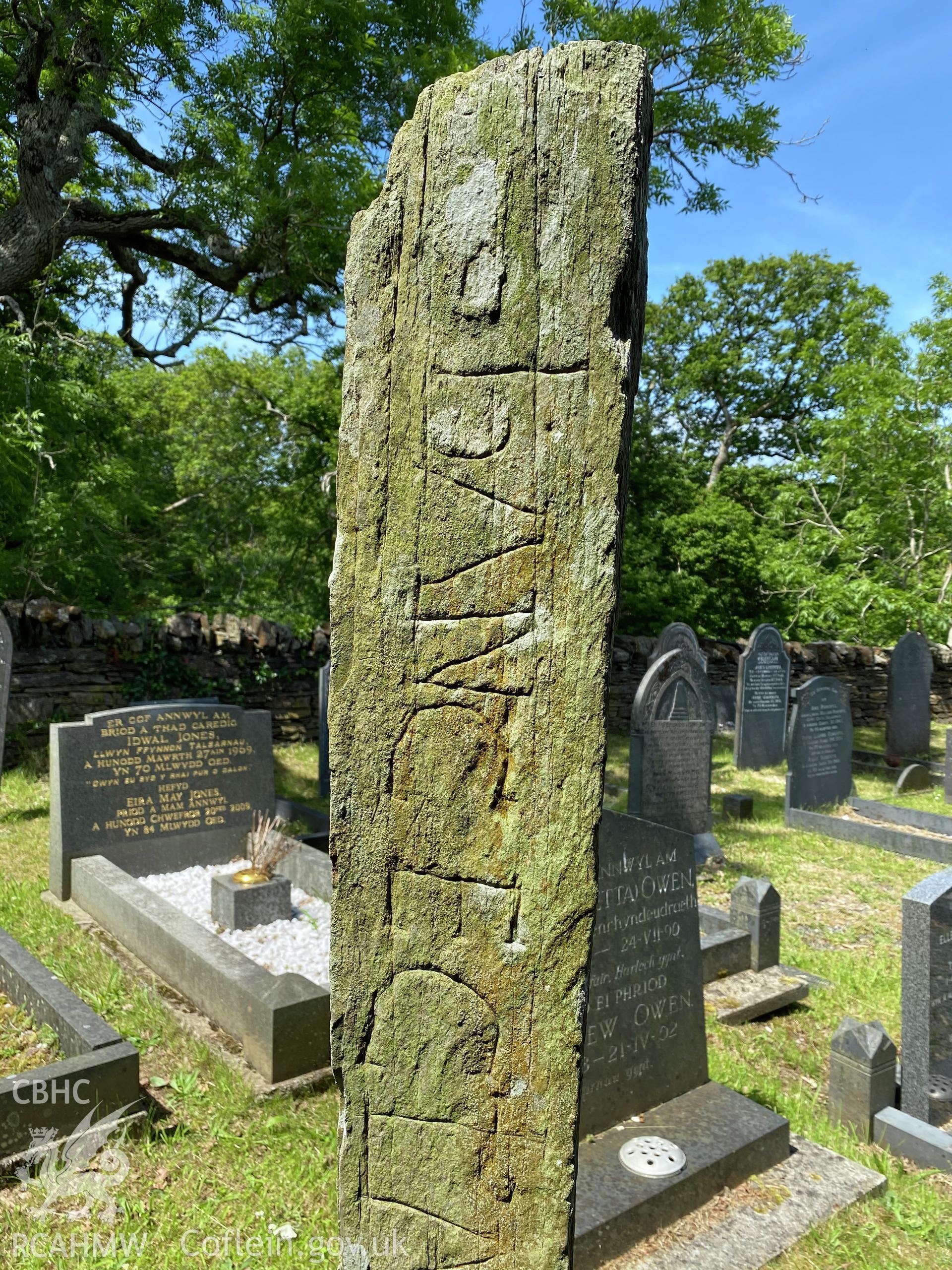 Digital colour photograph showing Llanfihangel inscribed stone, produced by Paul R Davis in 2021.