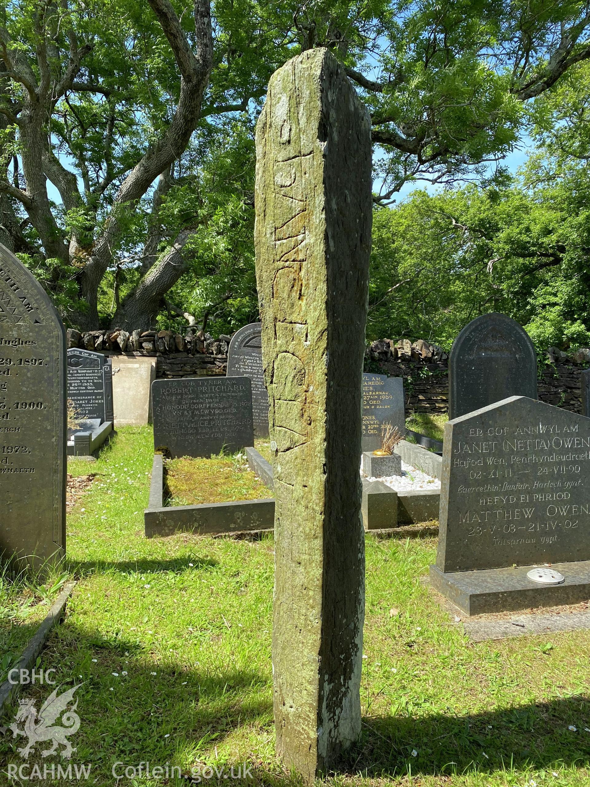 Digital colour photograph showing Llanfihangel inscribed stone, produced by Paul R Davis in 2021.