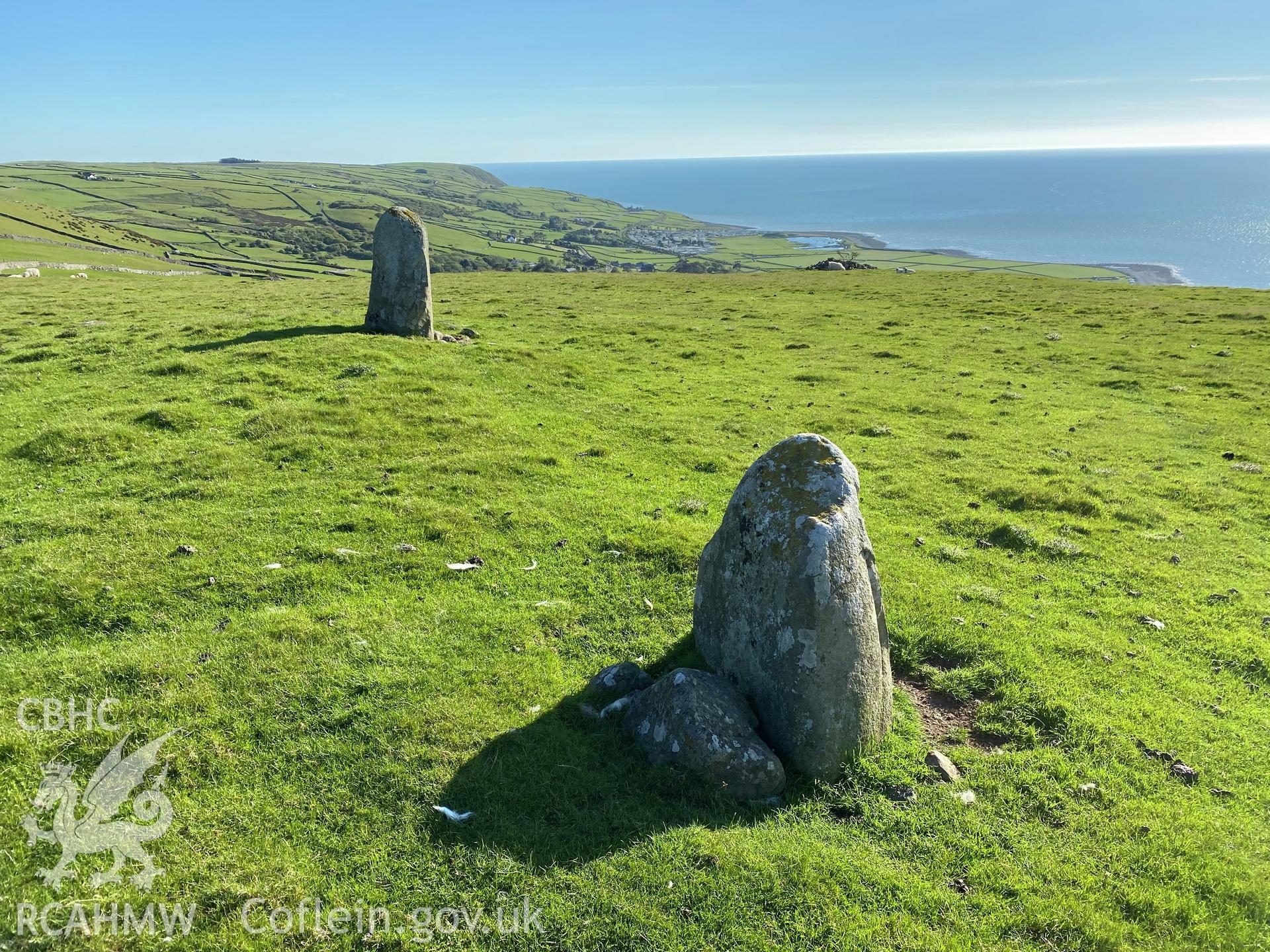 Digital colour photograph showing Gwastadgoed standing stones, produced by Paul R Davis in 2021.