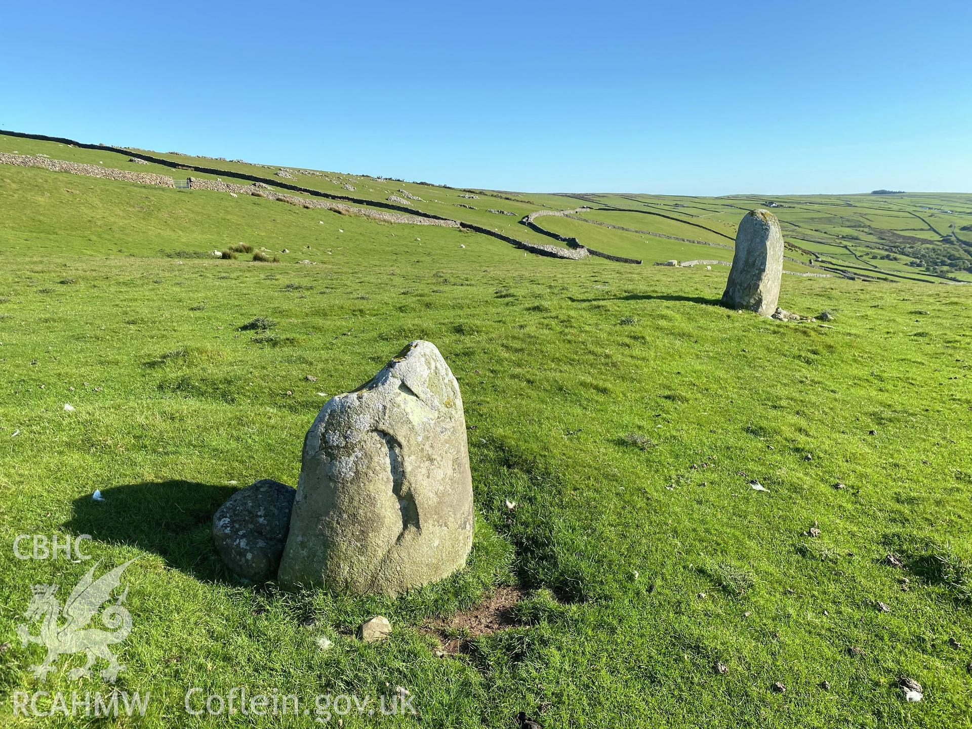 Digital colour photograph showing Gwastadgoed standing stones, produced by Paul R Davis in 2021.