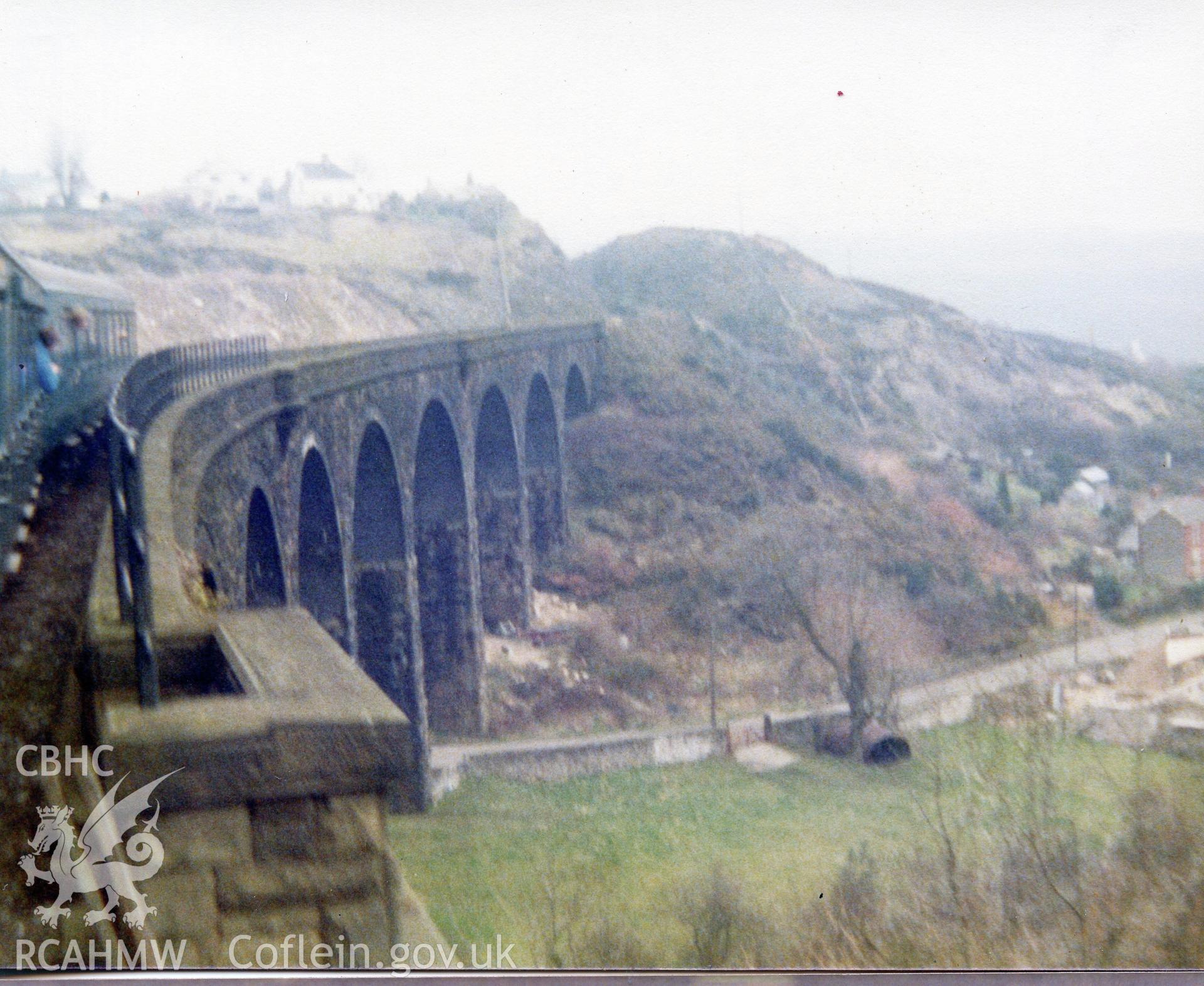 Digital photograph showing Abersychan viaduct taken from 4-coach MD unit rail express, dated March 1980.