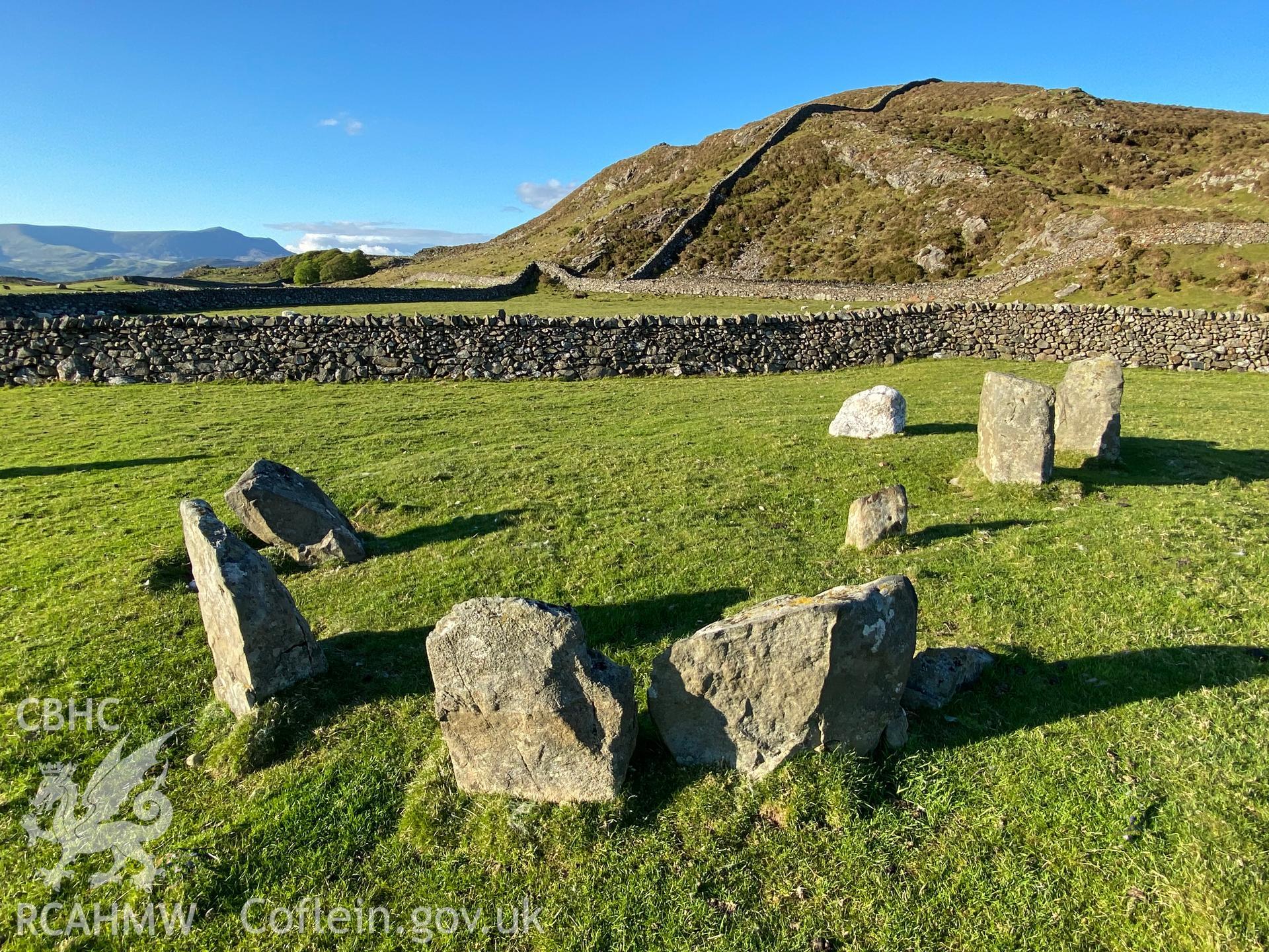 Digital colour photograph showing Arthog standing stones, taken by Paul R Davis in 2021.