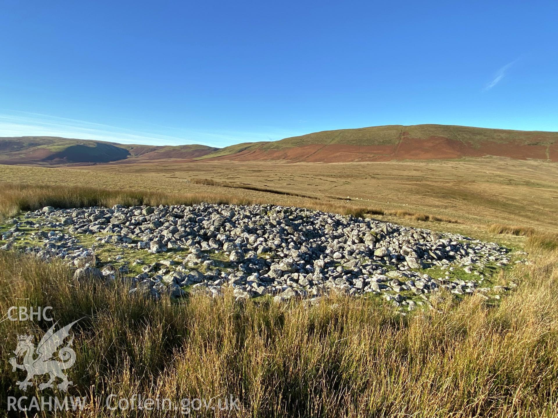 Digital colour photograph showing Carnau Cefn-y-fford, cairn VI, produced by Paul R Davis in 2021.