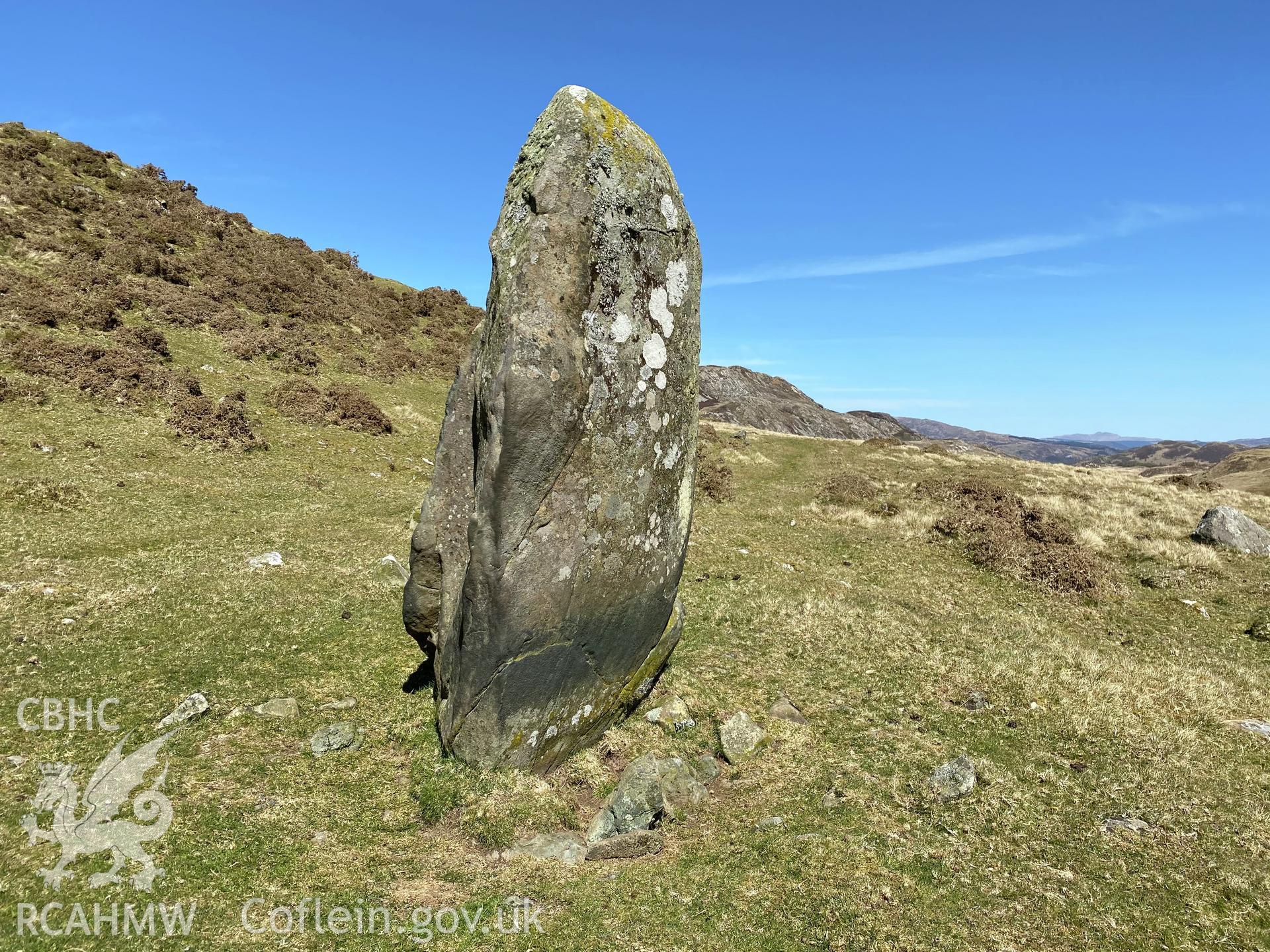 Digital colour photograph showing standing stone, Llynnau Cregennen, produced by Paul R Davis in 2021.