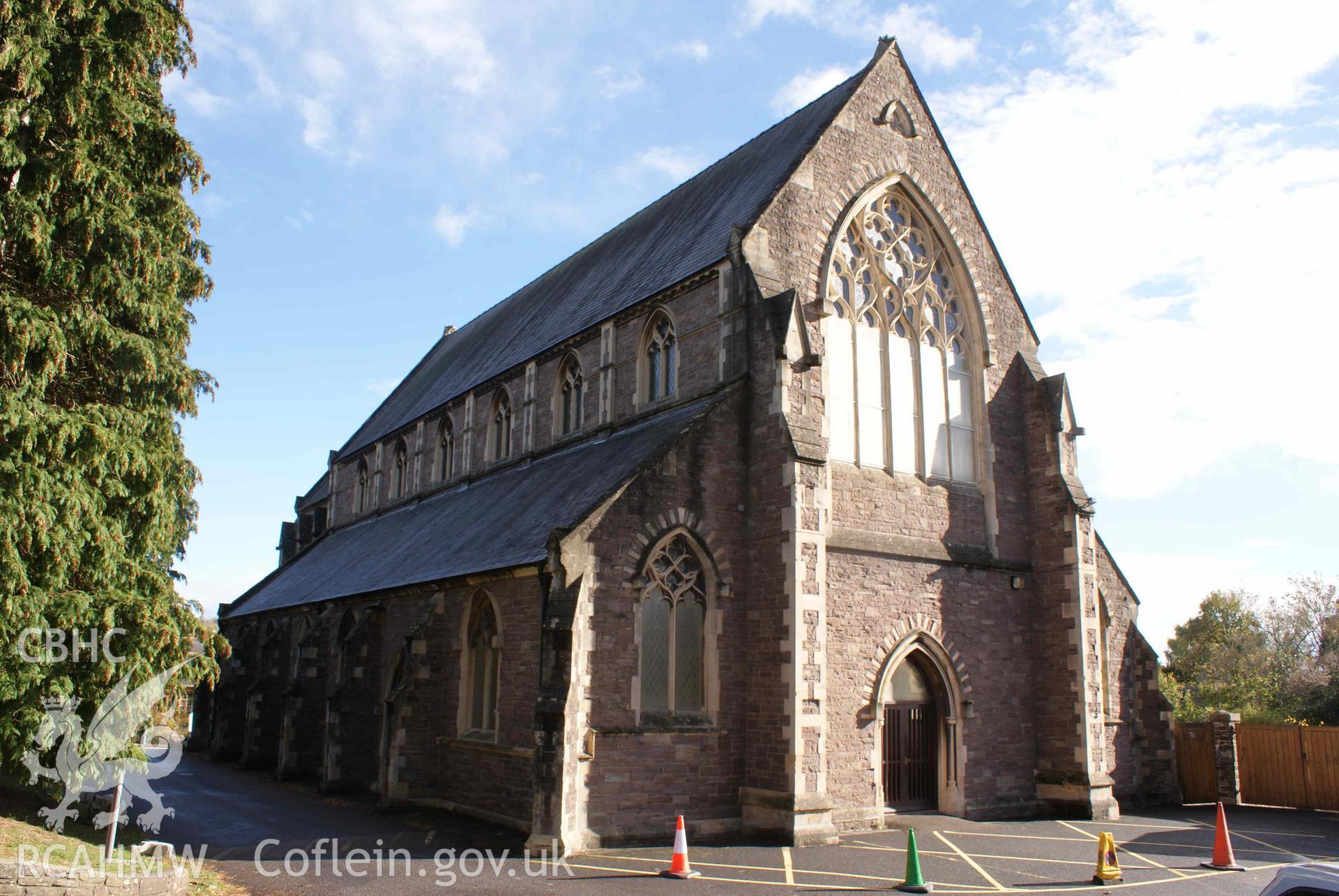 Digital colour photograph showing exterior of Our Lady and St Michael Catholic church, Abergavenny.