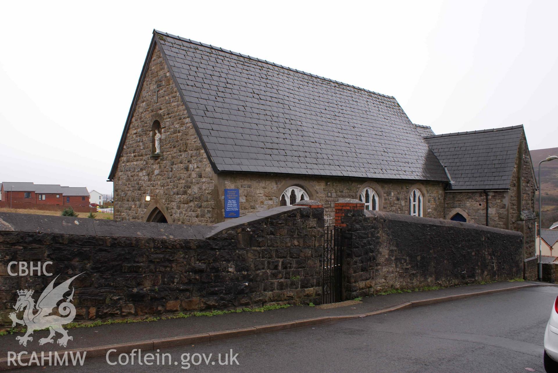 Digital colour photograph showing exterior of Sacred Heart and St Felix Catholic church, Blaenavon.