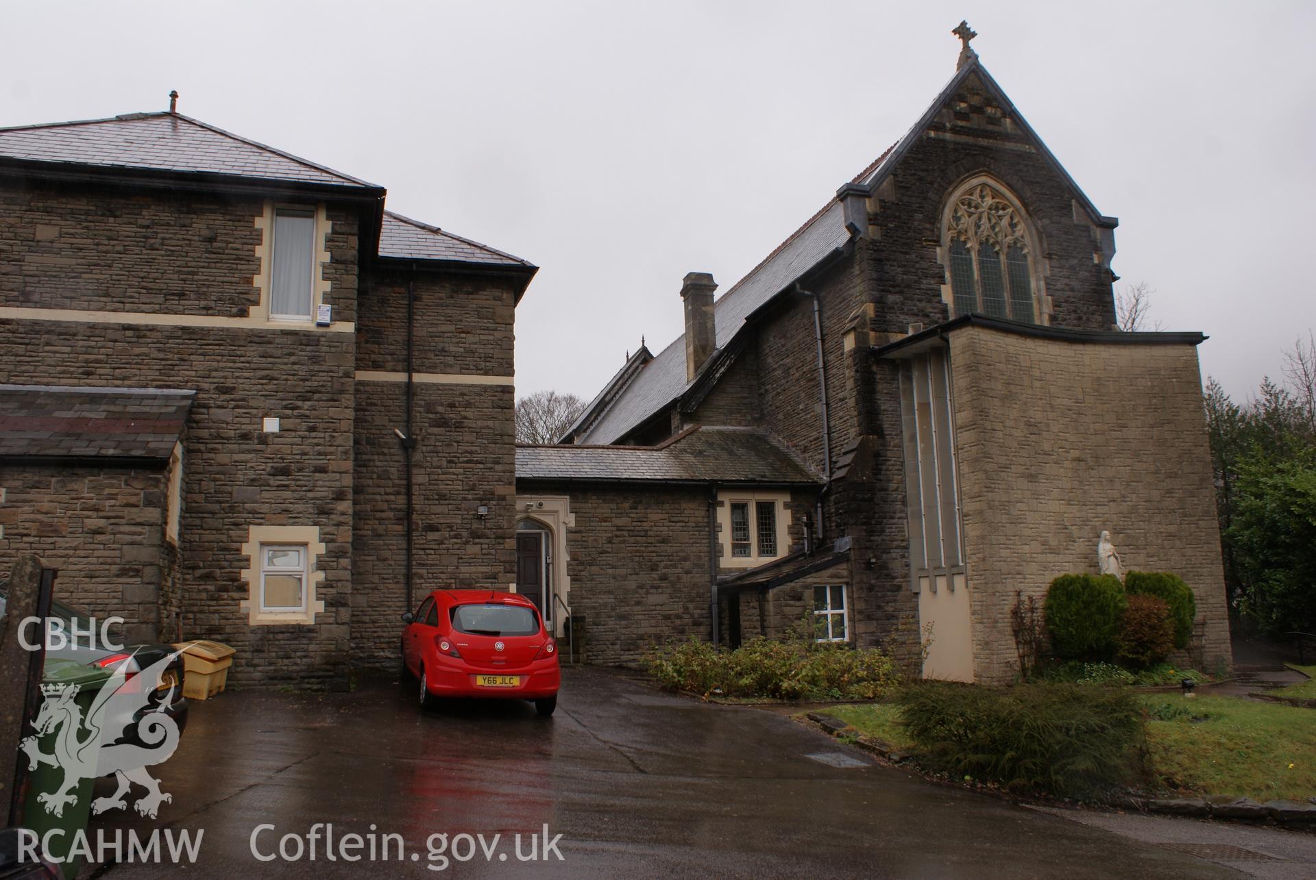 Digital colour photograph showing presbytery and exterior of Our Lady of Lourdes Catholic church, Mountain Ash.