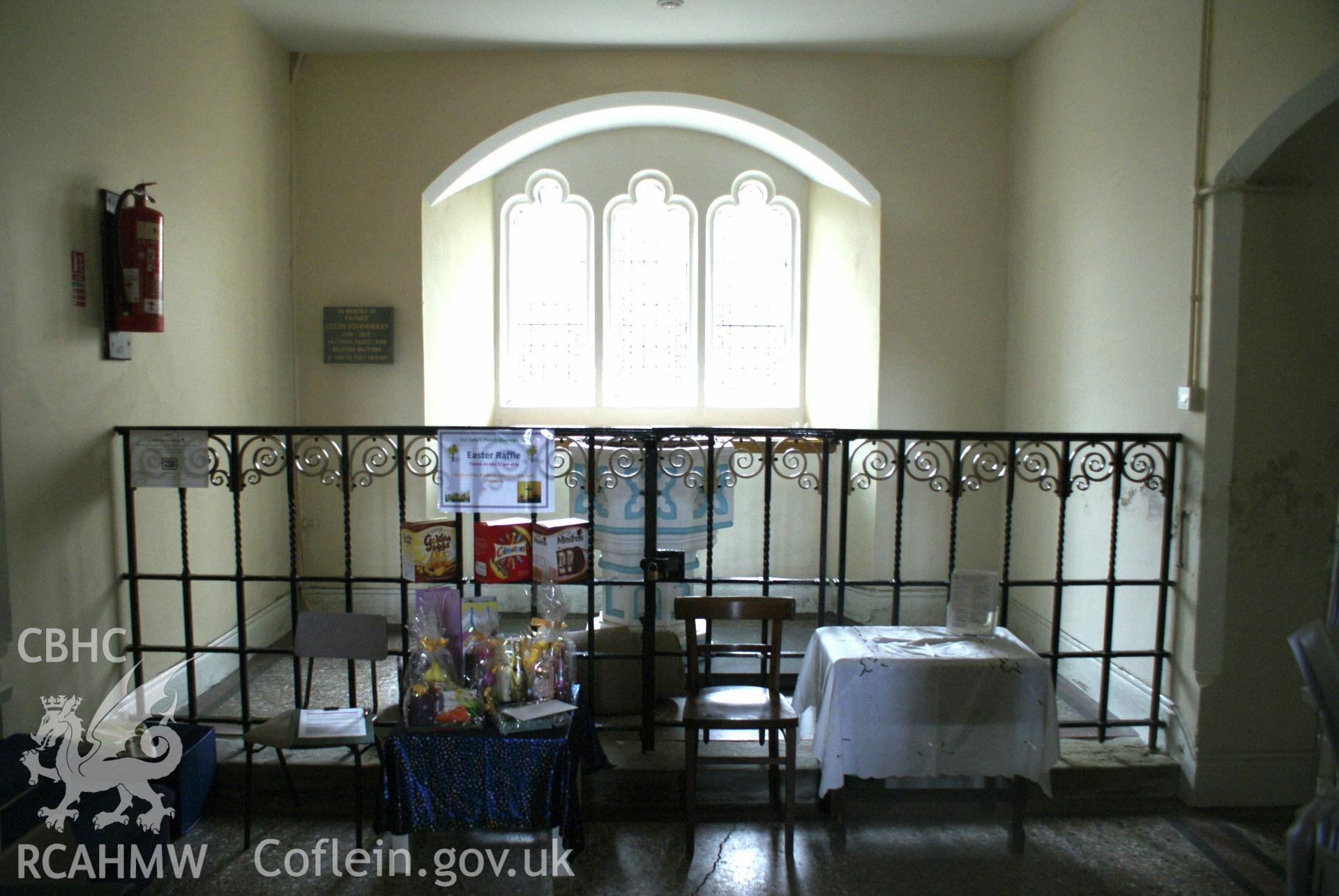 Digital colour photograph showing painted font at Our Lady of Lourdes Catholic church, Mountain Ash.