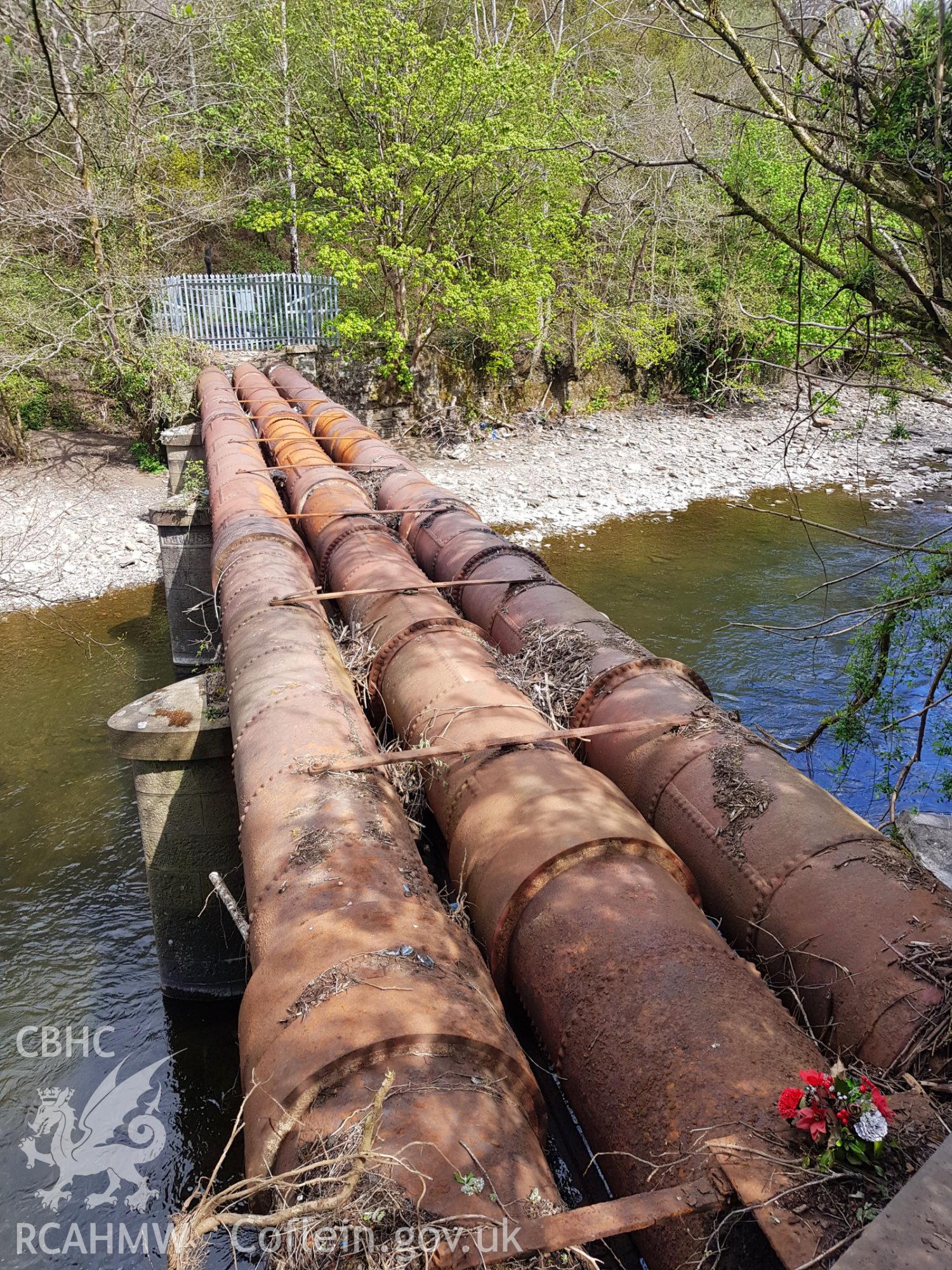 Photograph showing view north of the aqueduct from the east bank of the Taff. Produced by Kelvin Merriott in May 2021.