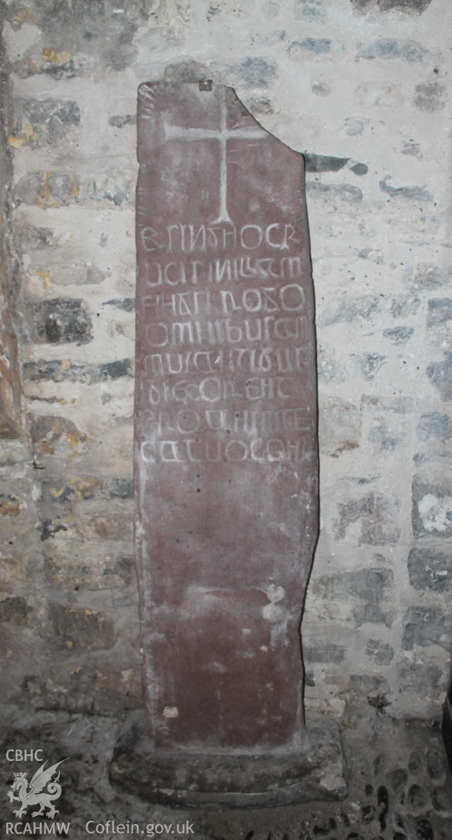 Digital colour photograph showing the Caldey stone in the porch at Illtyd's Catholic church, Caldey Island.