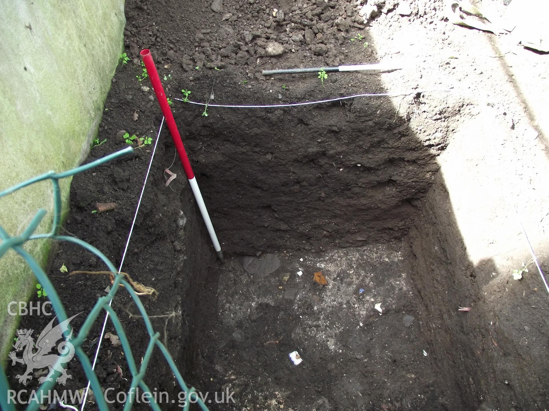 Digital photograph showing excavated area at 1A White Hart Lane and 30 High Street (Bank House), Caerleon. Produced by M. Lewis, National Roman Legion Museum. August 2012.