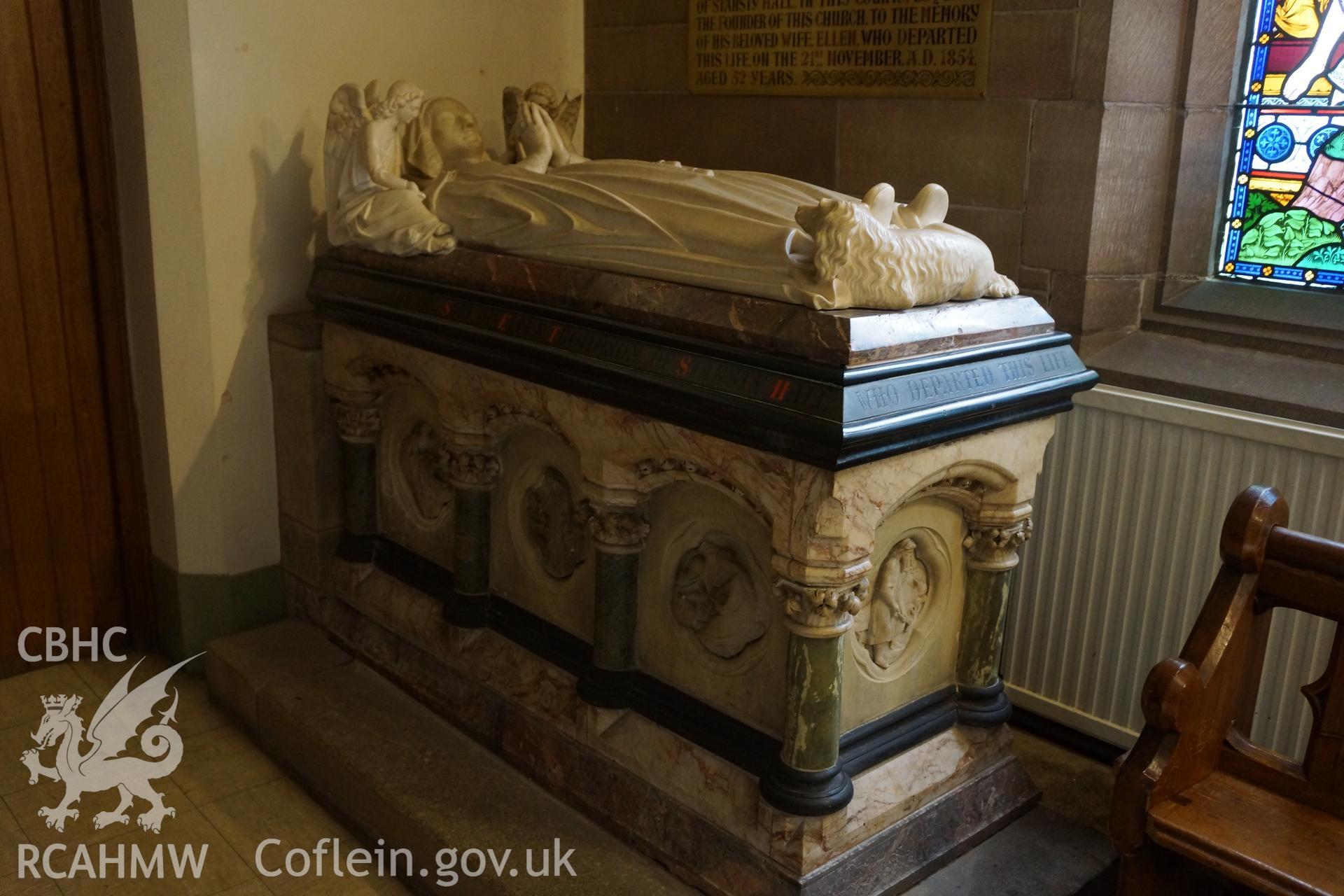 Digital colour photograph showing tomb of Ellen Thompson at Our Lady of Sorrows Catholic cathedral church, Wrexham.