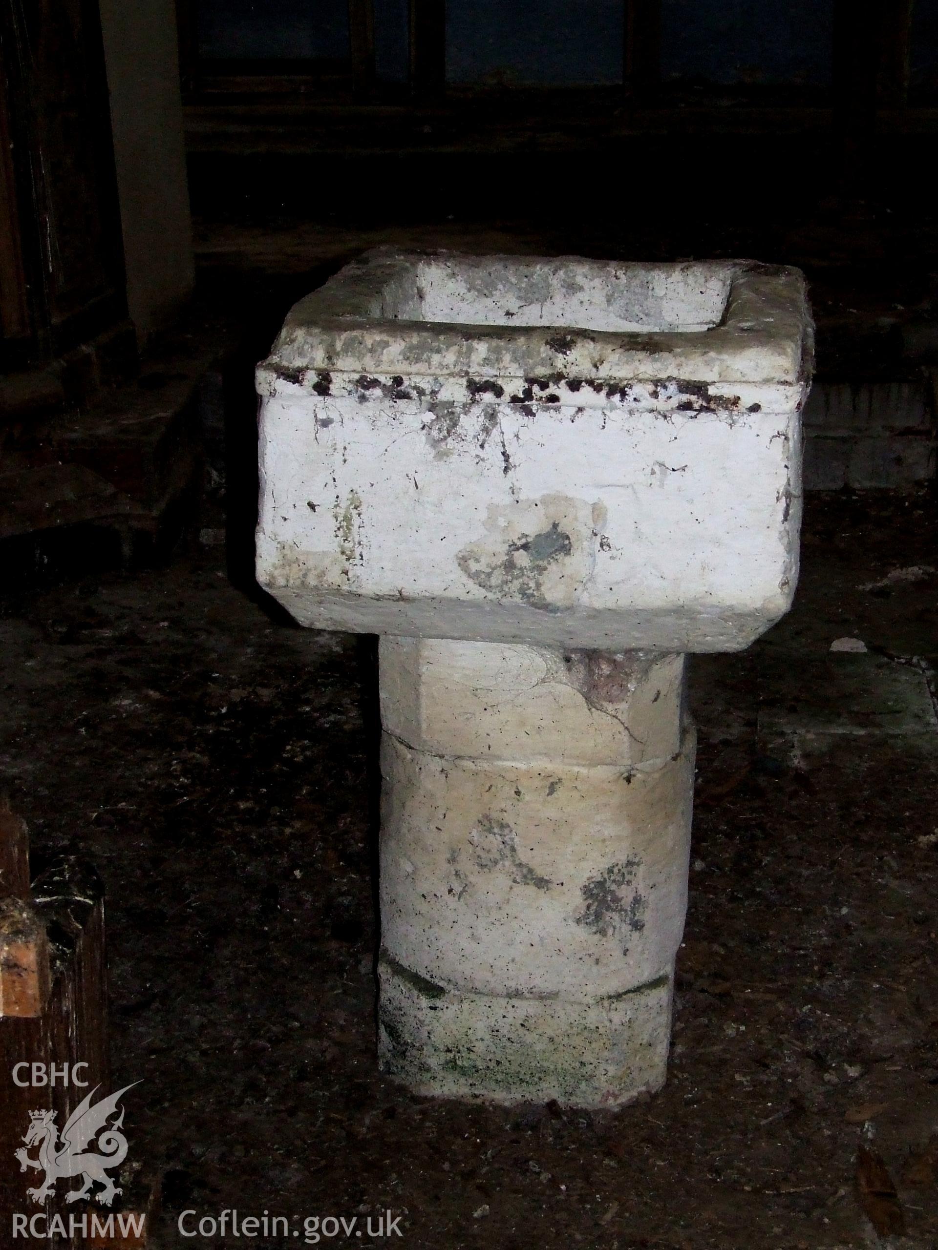 Digital colour photograph showing the font at Castell Dwyran church.