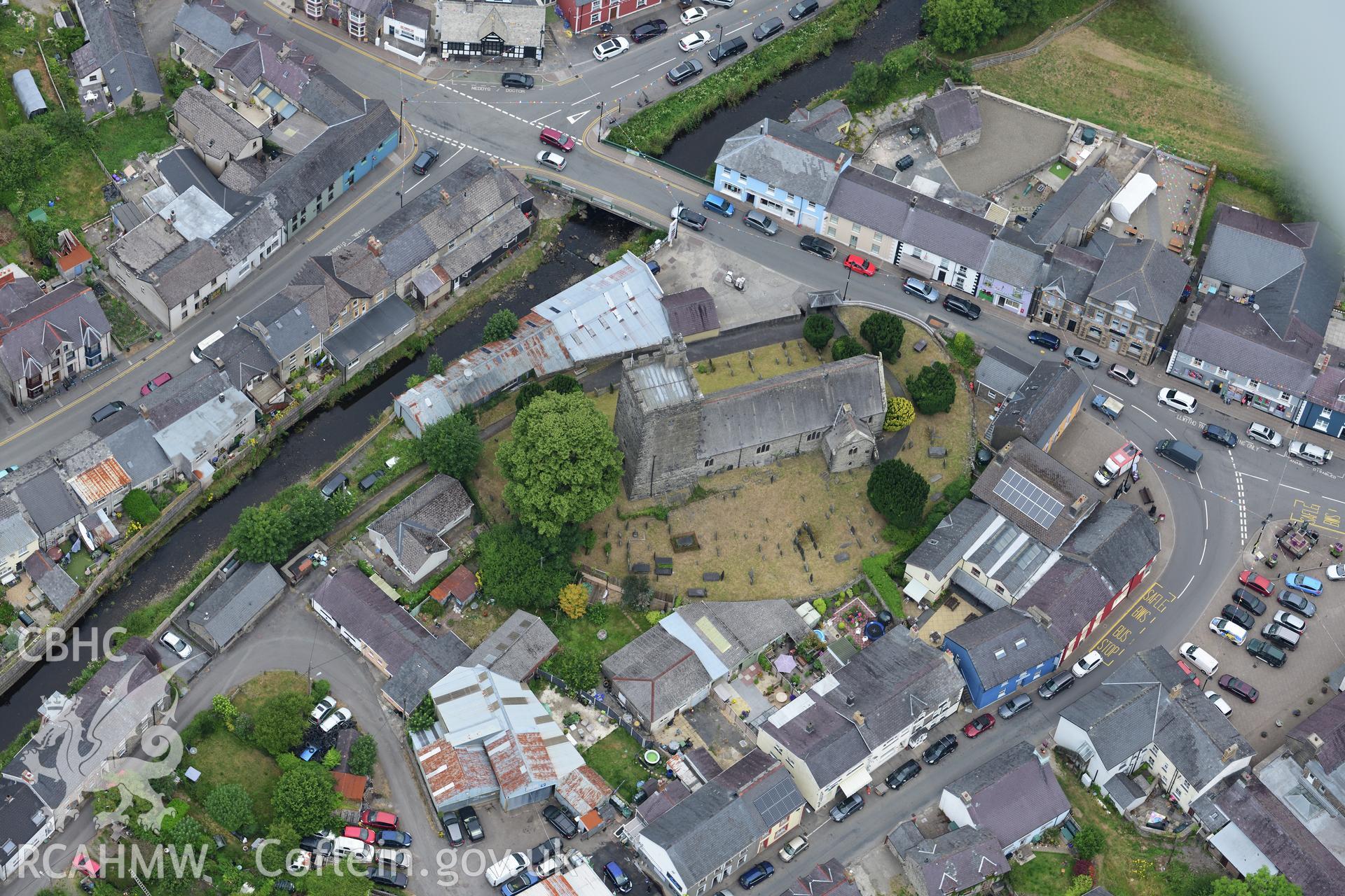 Digital colour aerial photograph showing  St Caron church, Tregaron, taken on 22nd July 2022.