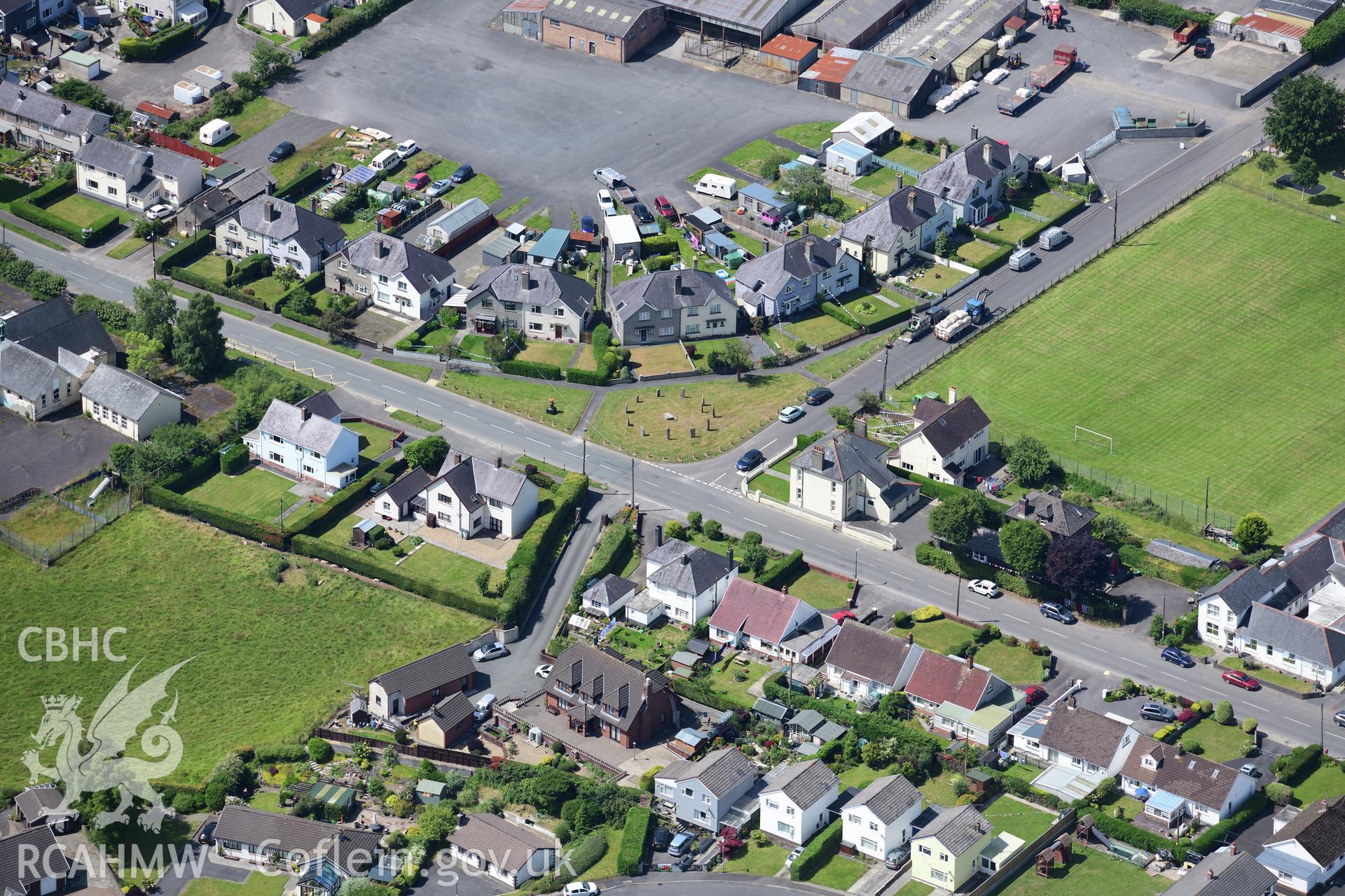 Digital colour aerial photograph showing  Gorsedd stones, Tregaron, taken on 11th July 2022.