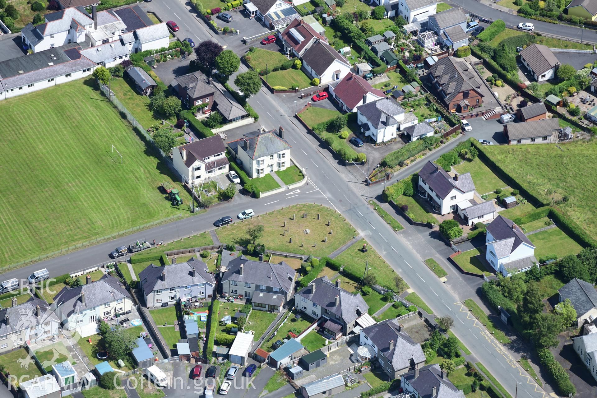 Digital colour aerial photograph showing Gorsedd stones, Tregaron, taken on 11th July 2022.