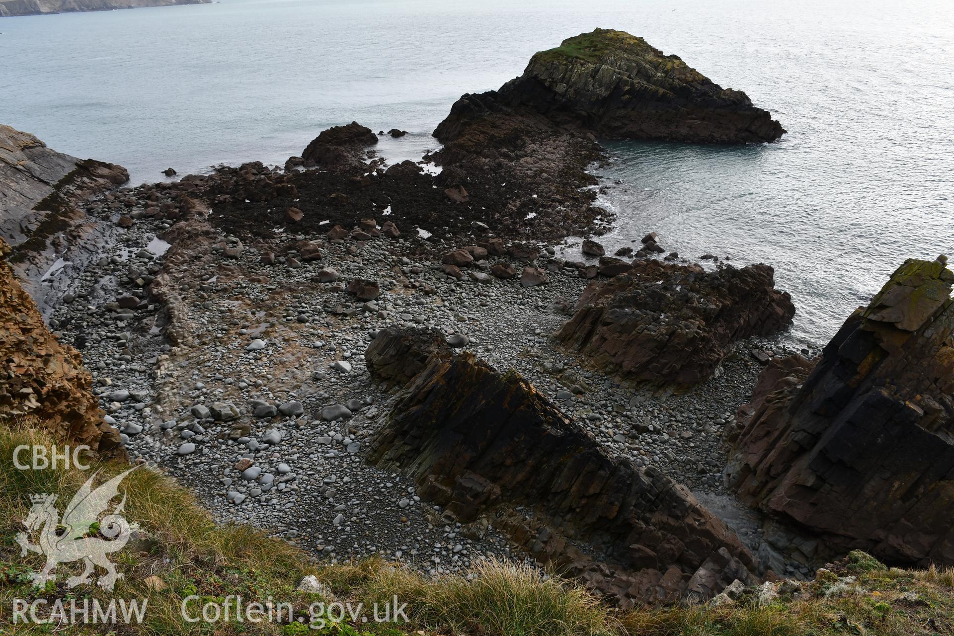 Potential harbour area. Camera facing SE. Taken by Hannah Genders Boyd. Produced with EU funds through the Ireland Wales Co-operation Programme 2014-2023. All material made freely available through the Open Government Licence.