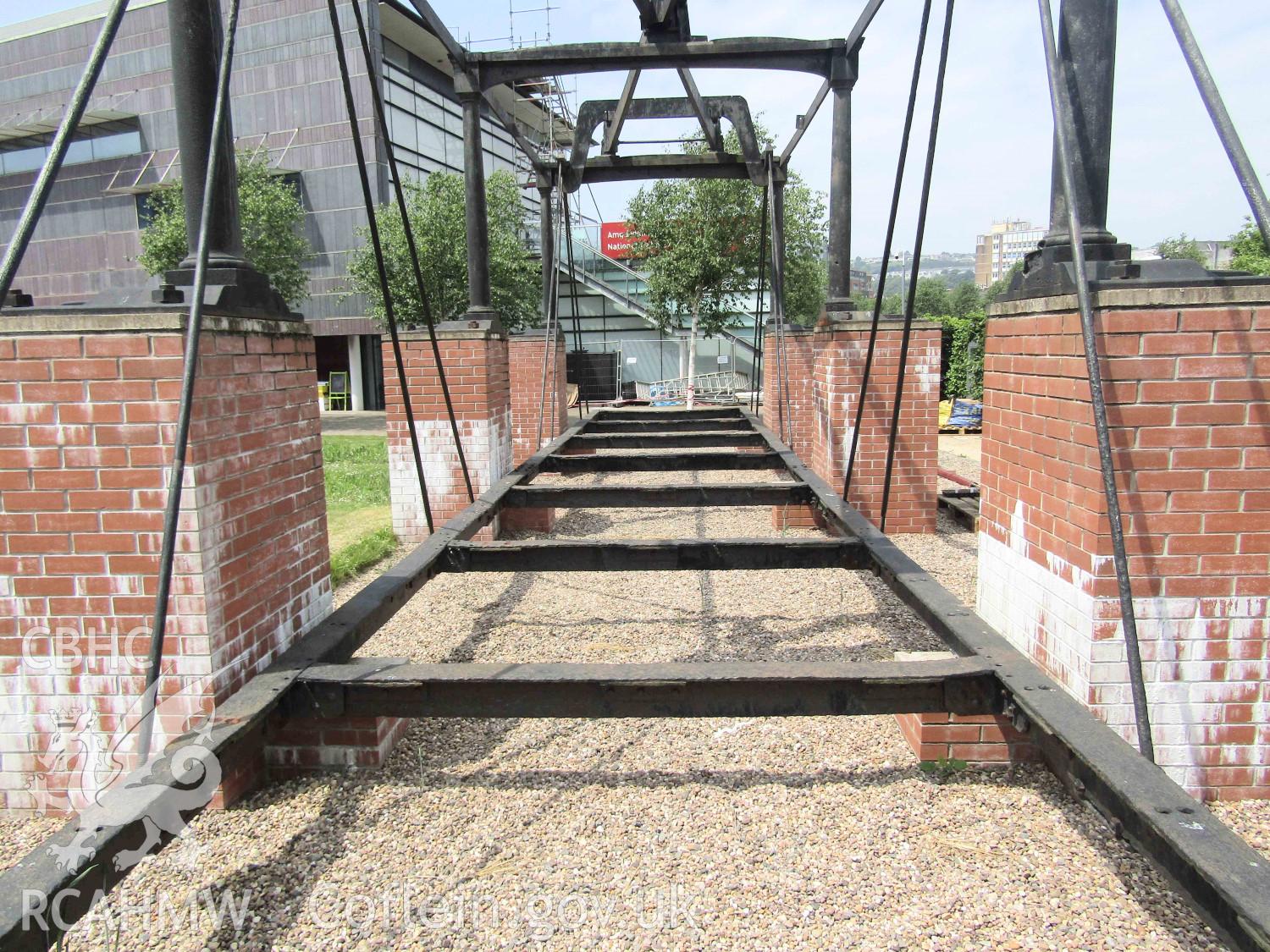 Colour digital photograph showing view looking down the boat weighing machine that was used on the Glamorganshire Canal. Photographed by Kelvin Merriott at the National Waterfront Museum, Swansea, in 2018.